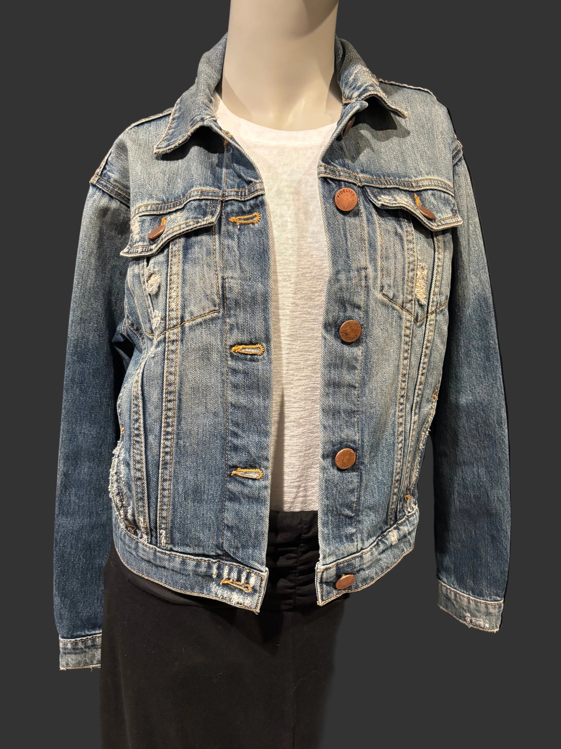 Fidelity Denim - Distressed Denim Jacket with Copper Buttons - Size XS Front view w distressing, flattering, 100% cotton NWT