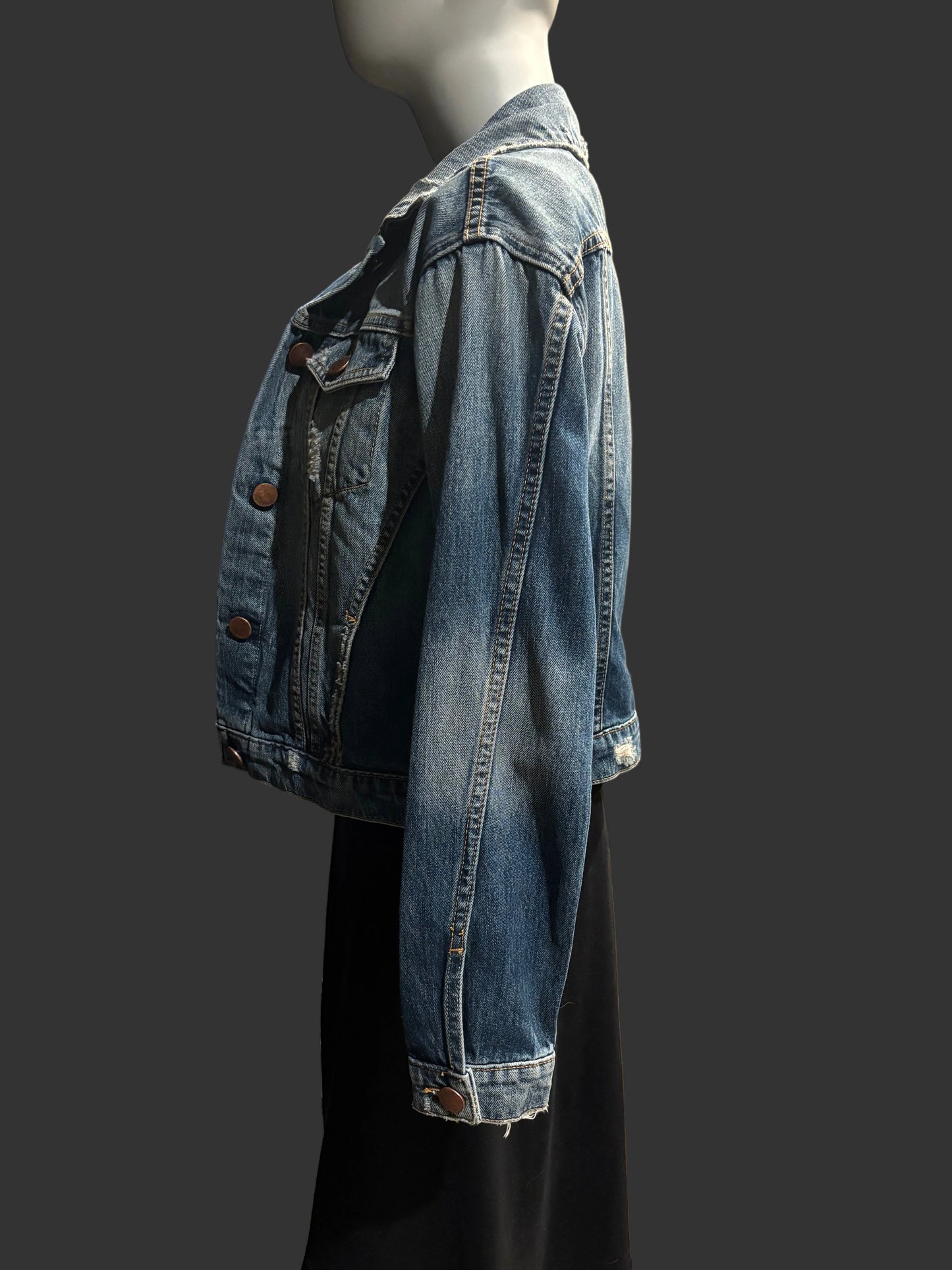 Fidelity Denim - Distressed Denim Jacket previously adored. Copper Buttons NWT - Size XS - Side View - Made in USA 