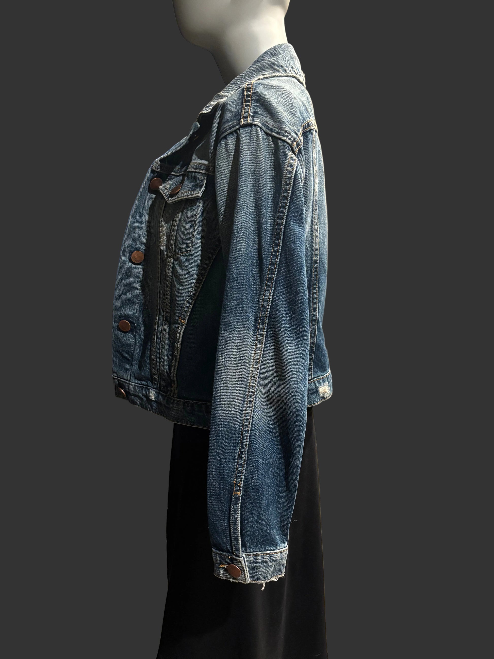Fidelity Denim - Distressed Denim Jacket previously adored. Copper Buttons NWT - Size XS - Side View - Made in USA 