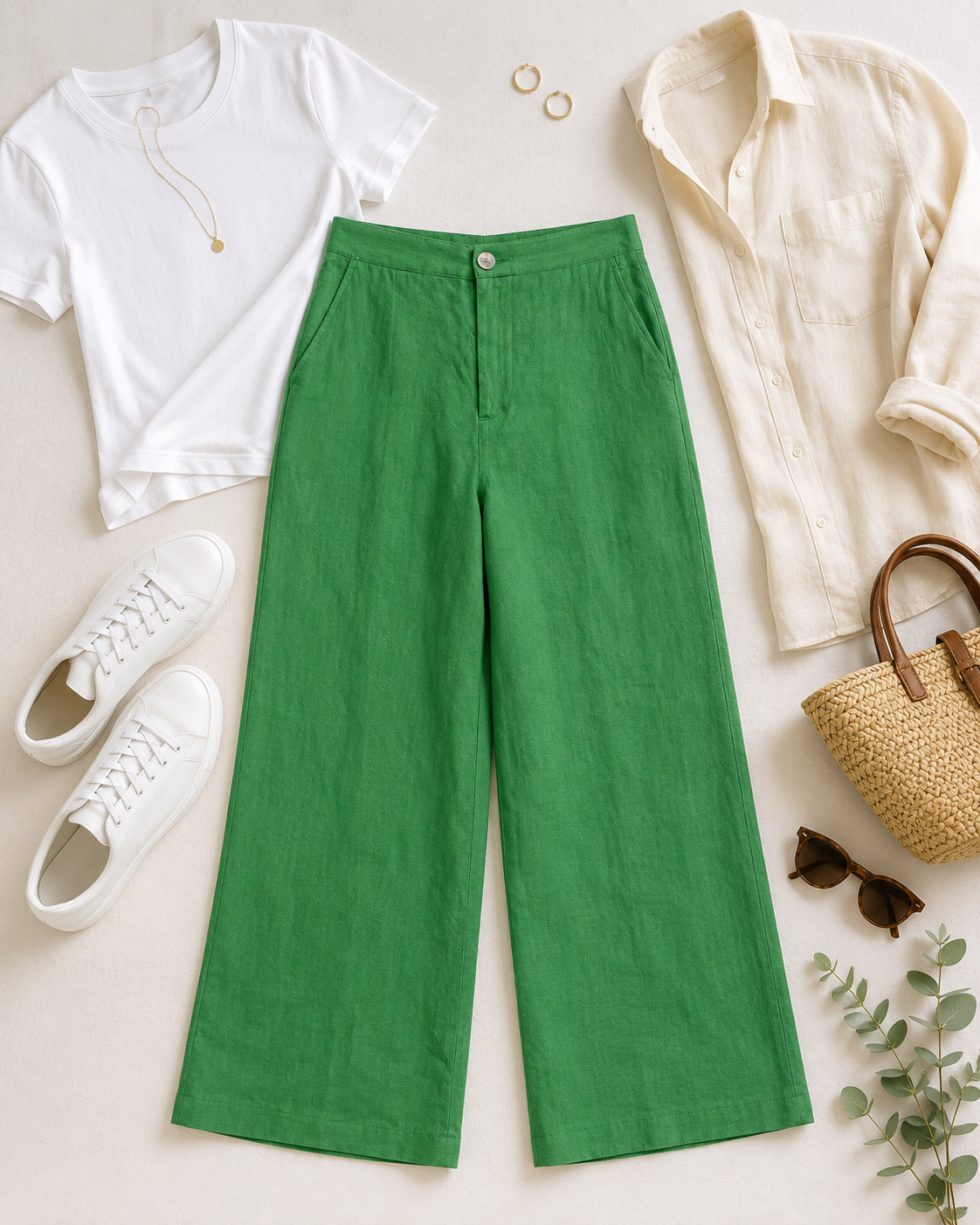 Jade green Fifteen Twenty wide-leg linen pants featuring a tailored waist, flowing fit, and full lining.