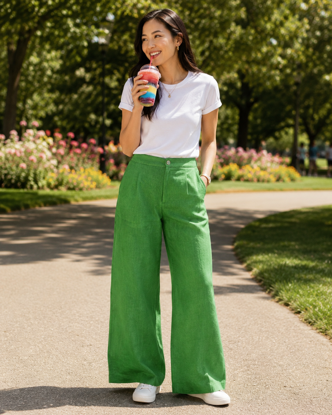 Fifteen Twenty jade green linen dress pants with full lining, back patch pockets, and an elegant wide-leg drape.
