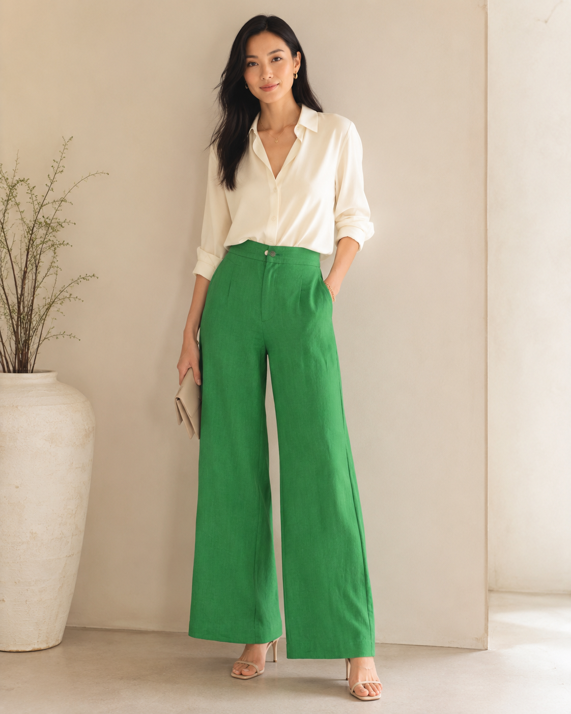 Fifteen Twenty Miles Trouser in jade green linen with a lined wide-leg silhouette, back elastic waist, and patch pockets in Size XS.