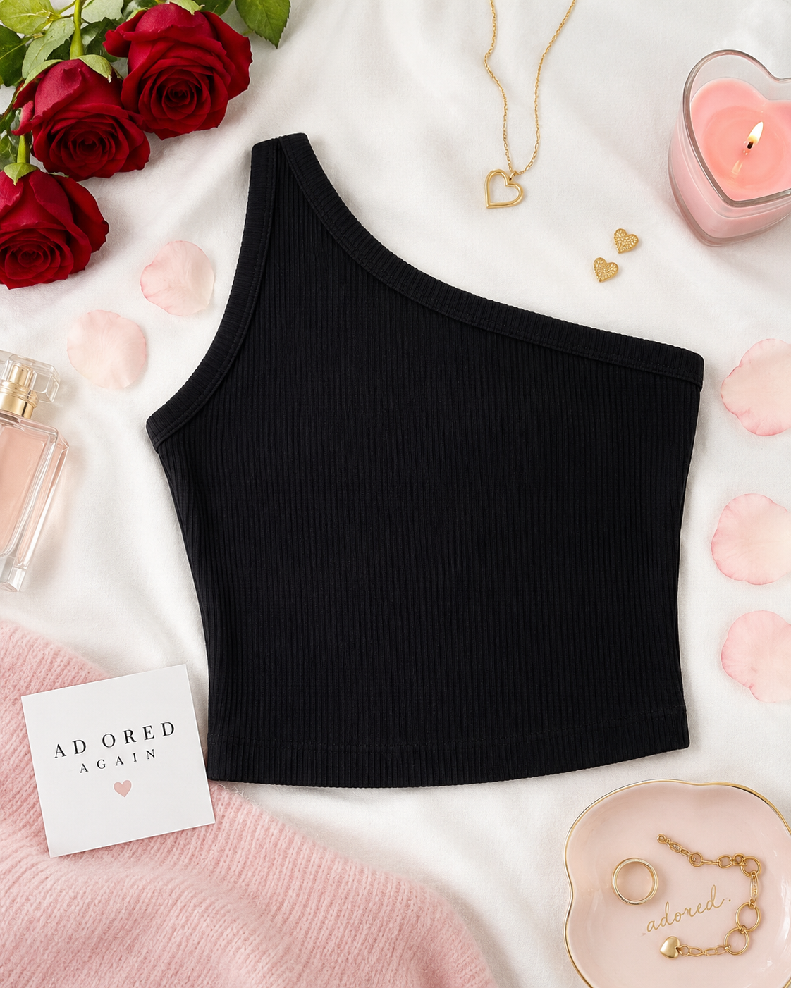Black Fornia asymmetrical cropped tank top with ribbed stretch fabric and one-shoulder neckline