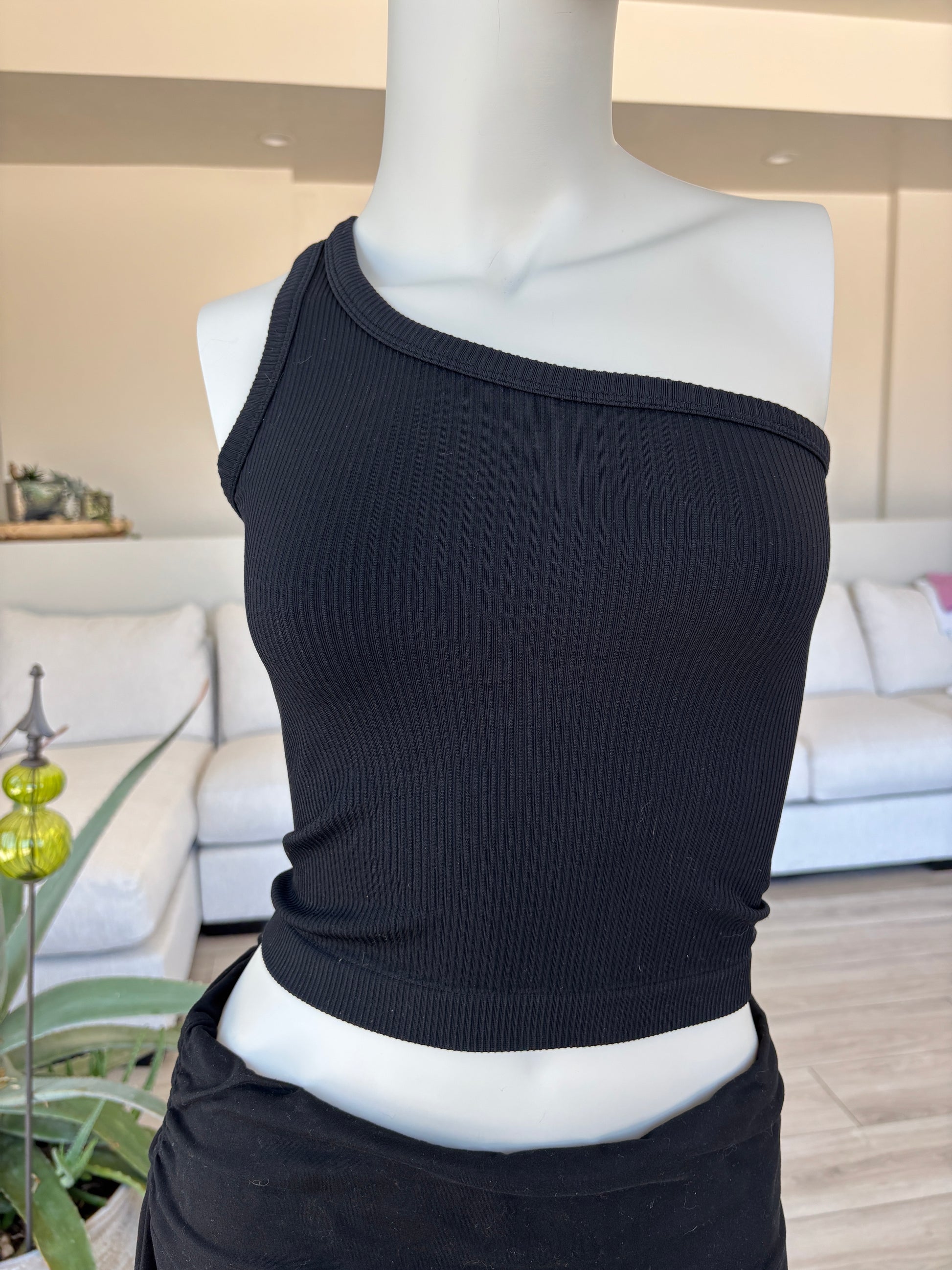 Fornia black ribbed crop top size S/M with fitted one-shoulder silhouette