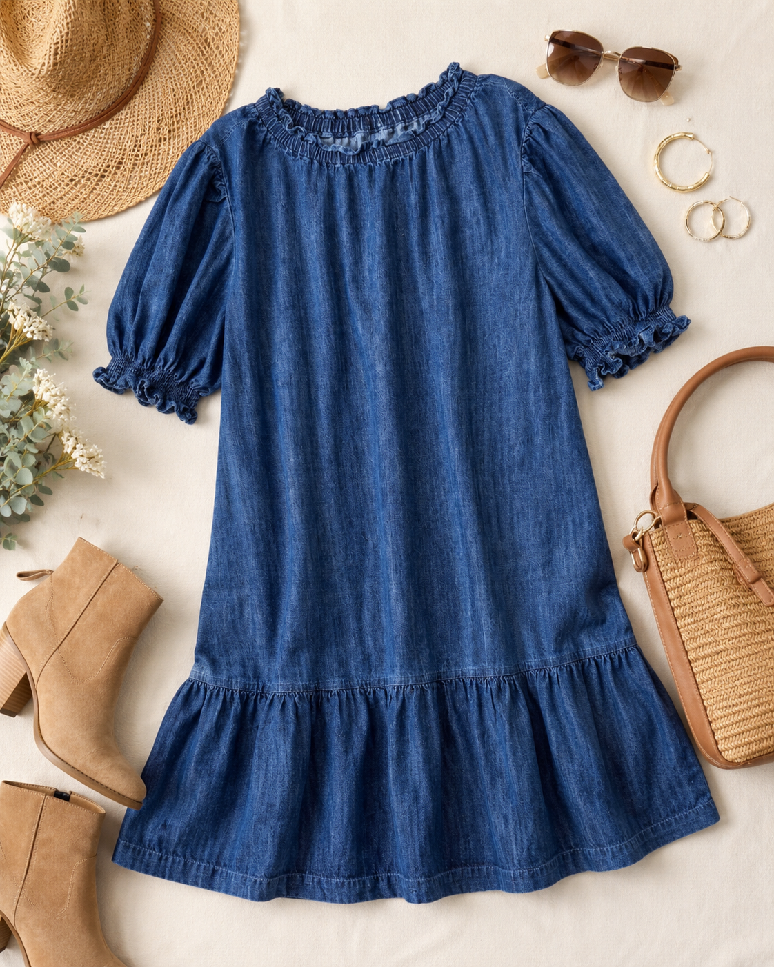 Blue denim babydoll dress with gathered neckline and short puff sleeves