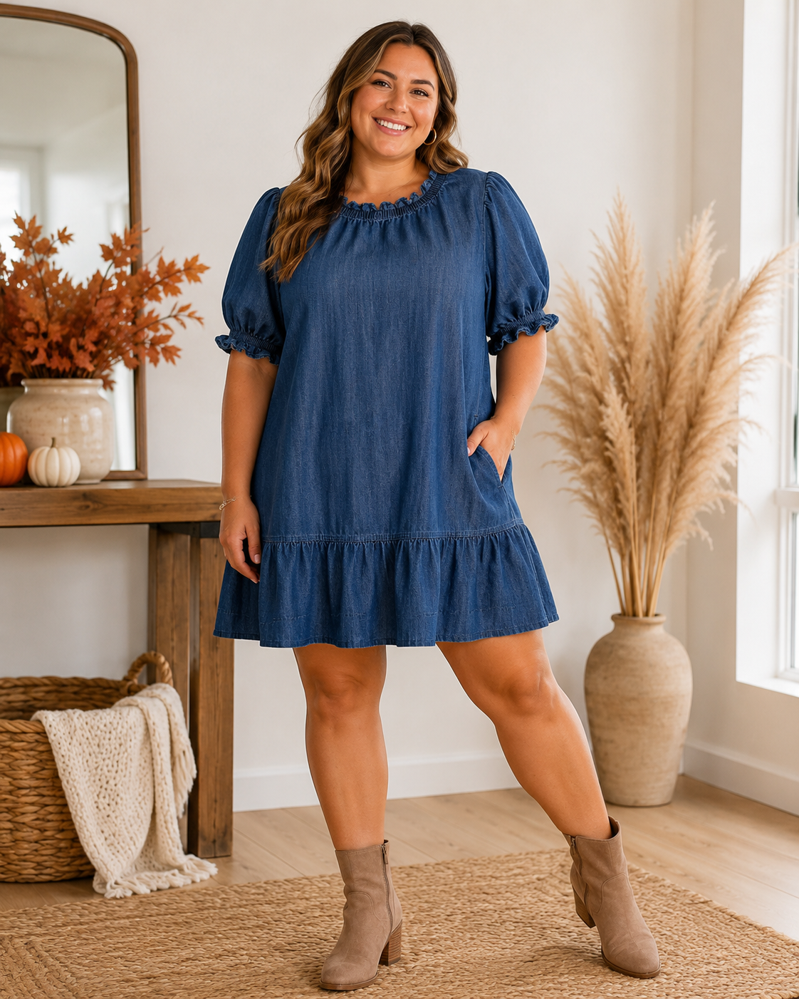 Blue babydoll denim dress with soft gathered details and back keyhole closure