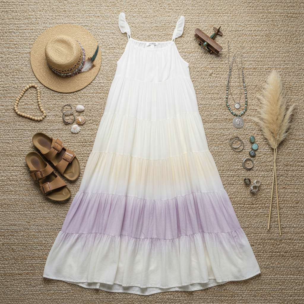 Storia - Cream Tiered Boho Maxi Dress with Lavender, Sage Green & Peach Accent - Size S - relaxed - oversized