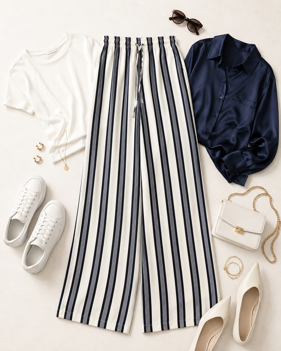 H&M navy blue and cream vertical striped drawstring pants with a polished satin-like finish.