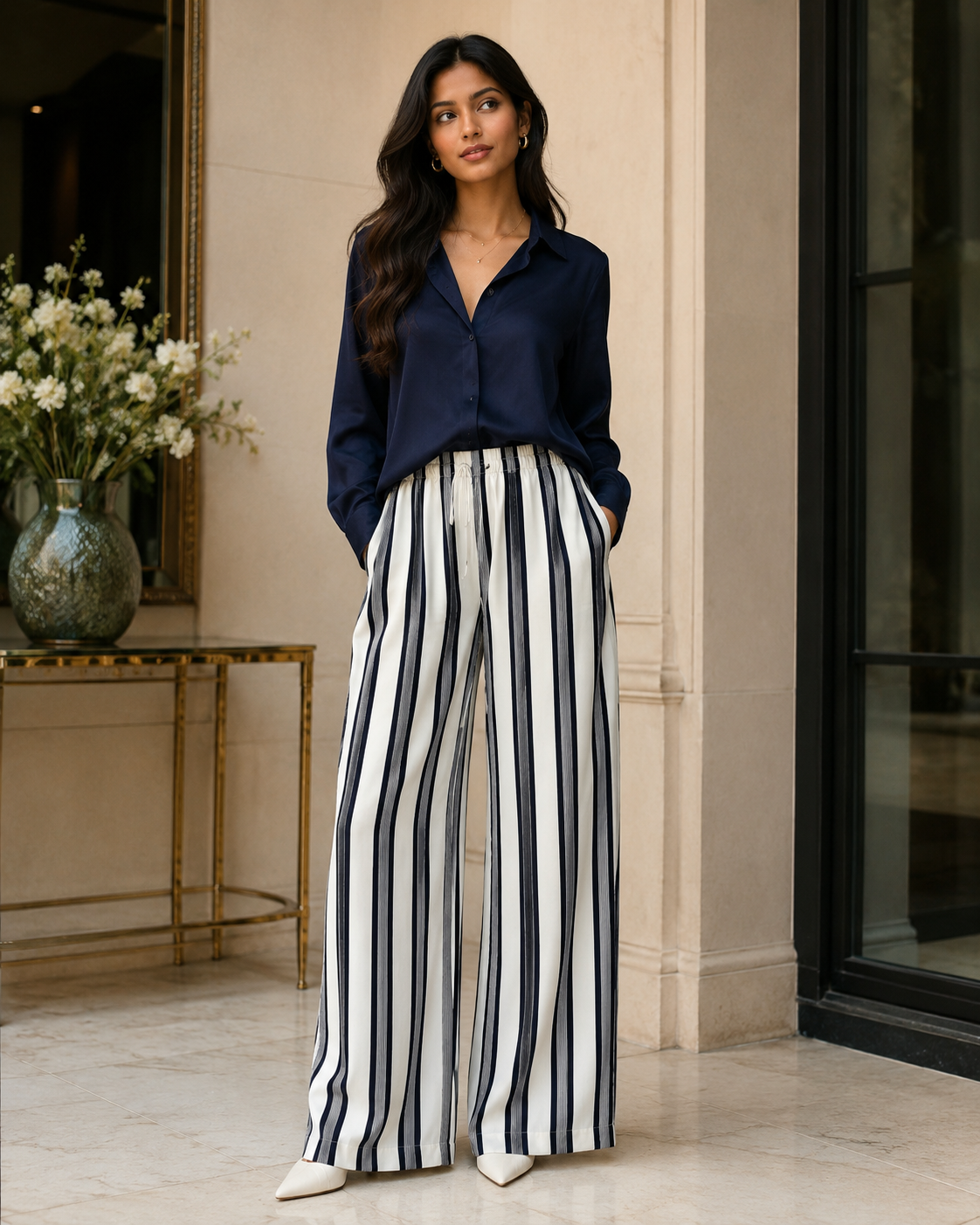 H&M off-white and navy striped satin-finish wide-leg pants with an elastic drawstring waist in Size XS.