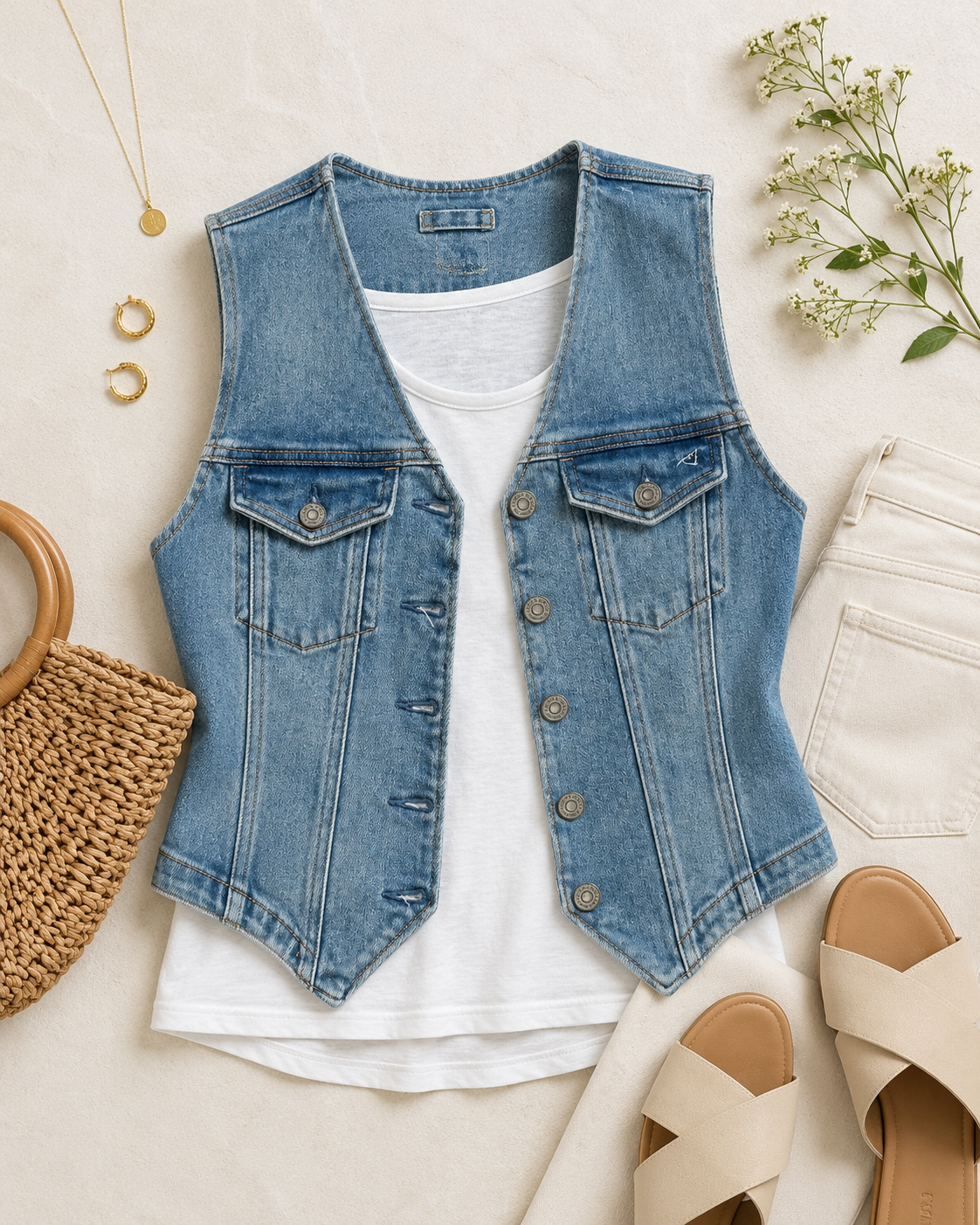 Hidden NWT denim vest size M styled open for layering over a white tank