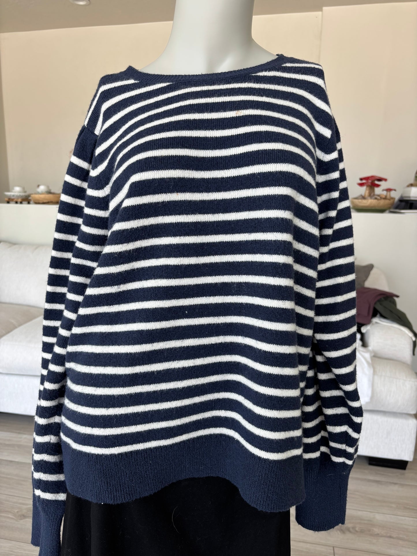 Caslon Navy & White Striped Knit Sweater Relaxed Fit Size XL