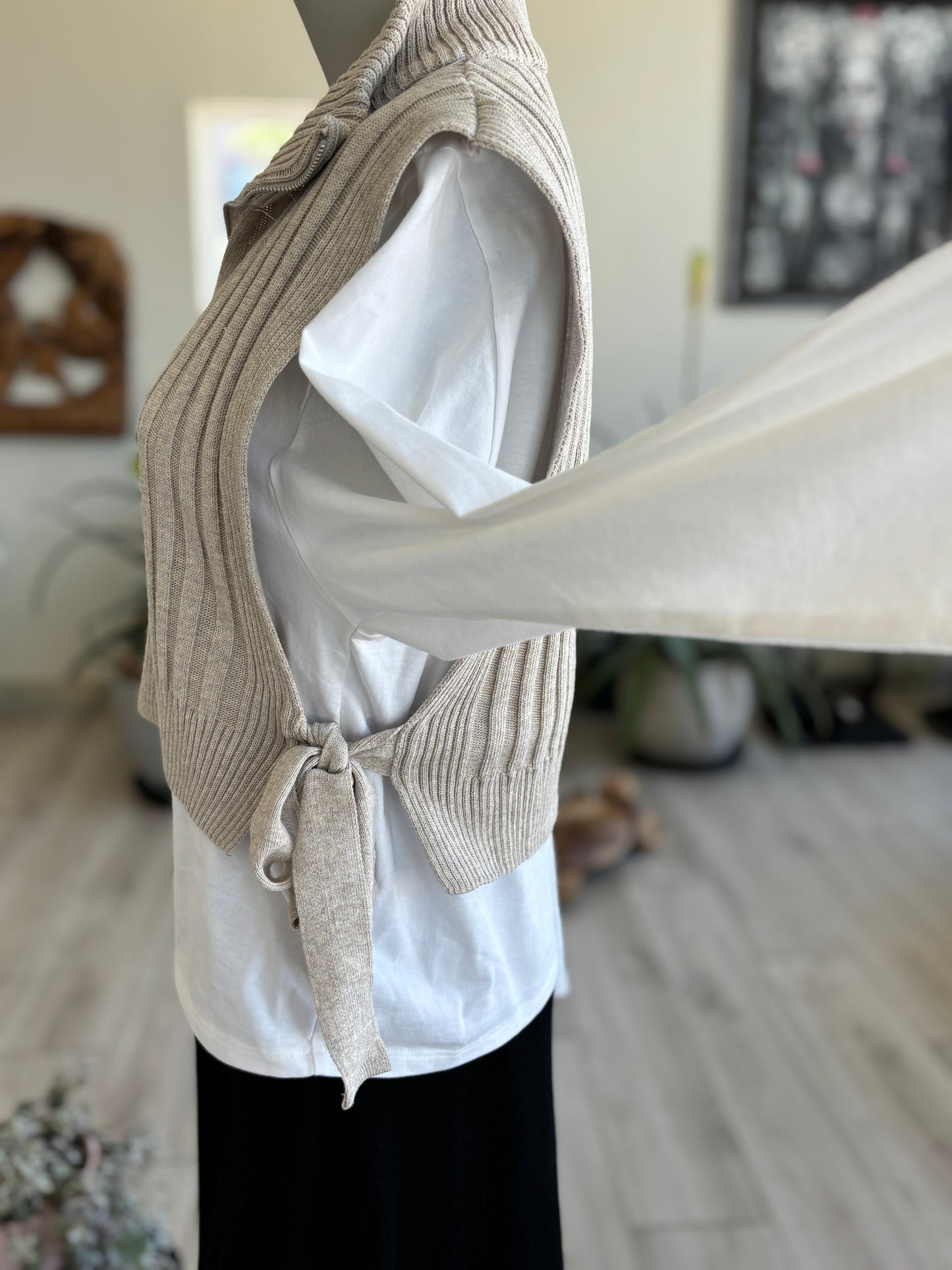 Zara Textured Tie Waist Half Zip Sweater Vest Small NWT