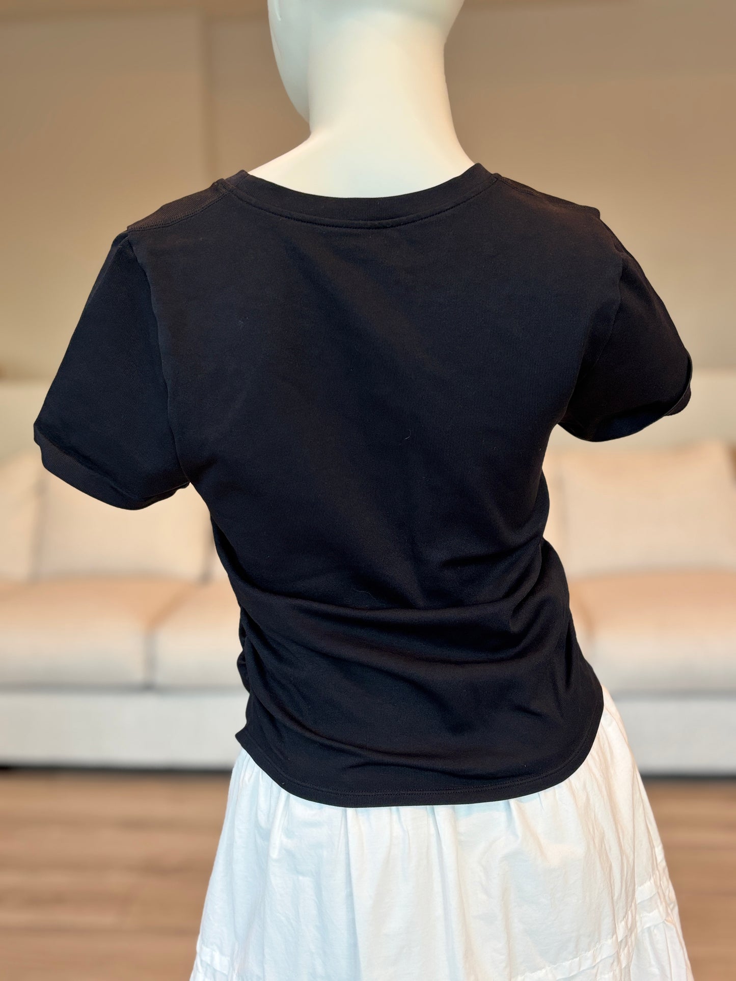 OQQ Black Ruched Asymmetrical Hem Fitted Stretch Top Size Large