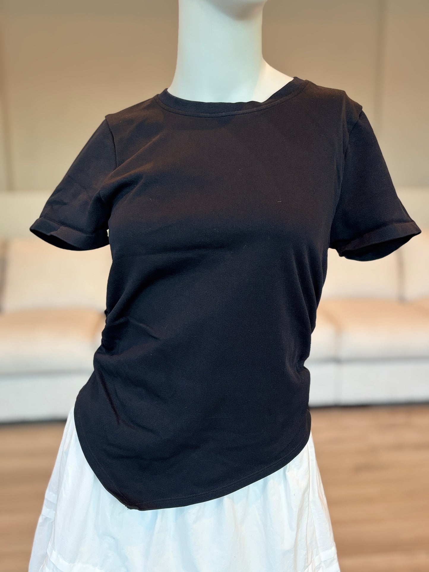 OQQ Black Ruched Asymmetrical Hem Fitted Stretch Top Size Large