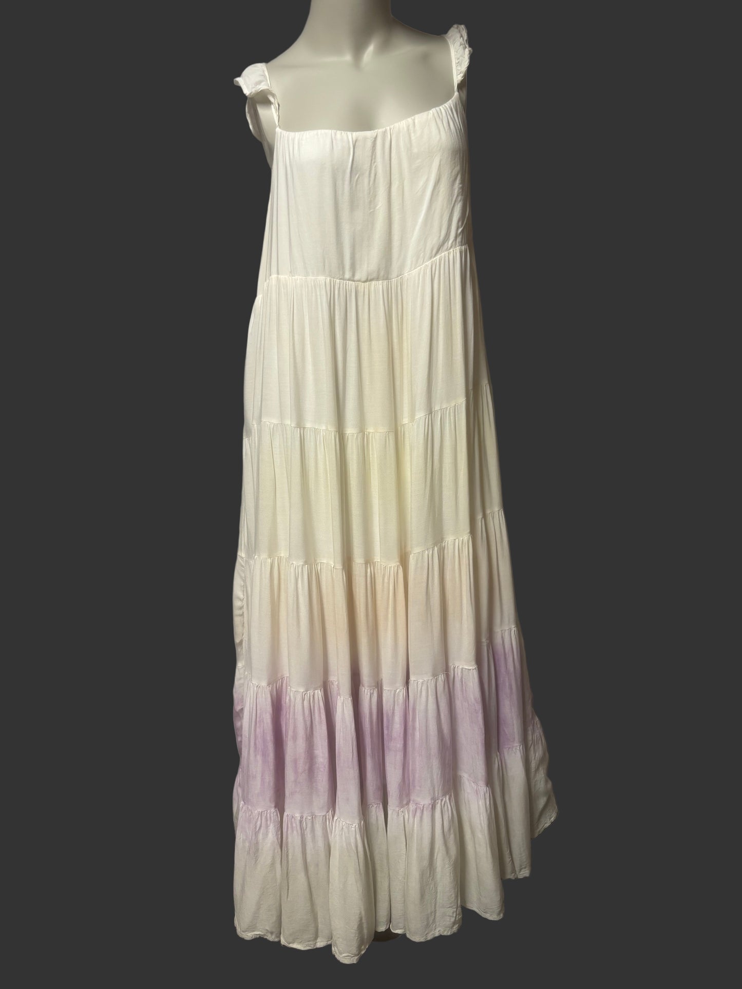 Storia - Cream Tiered Boho Maxi Dress with Lavender, Sage Green & Peach Accent - Size S - lovely - ruffle straps