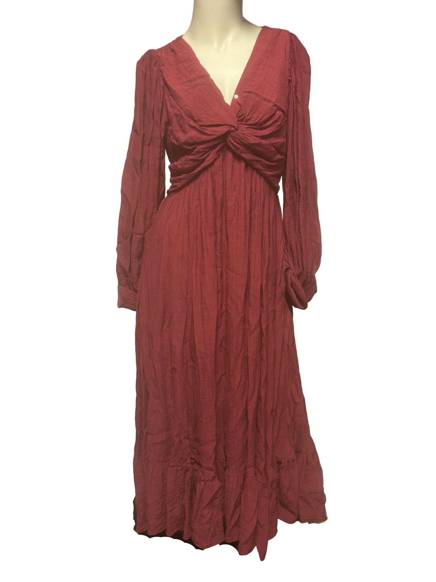 Bohme - Red Wine Twist-Front Romantic Maxi Dress - Size S =- Twist Front, Empire waist - snap to close V