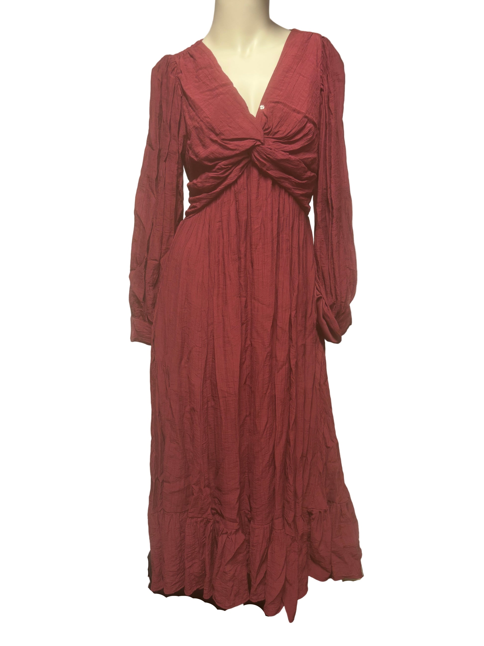Bohme - Red Wine Twist-Front Romantic Maxi Dress - Size S =- Twist Front, Empire waist - snap to close V