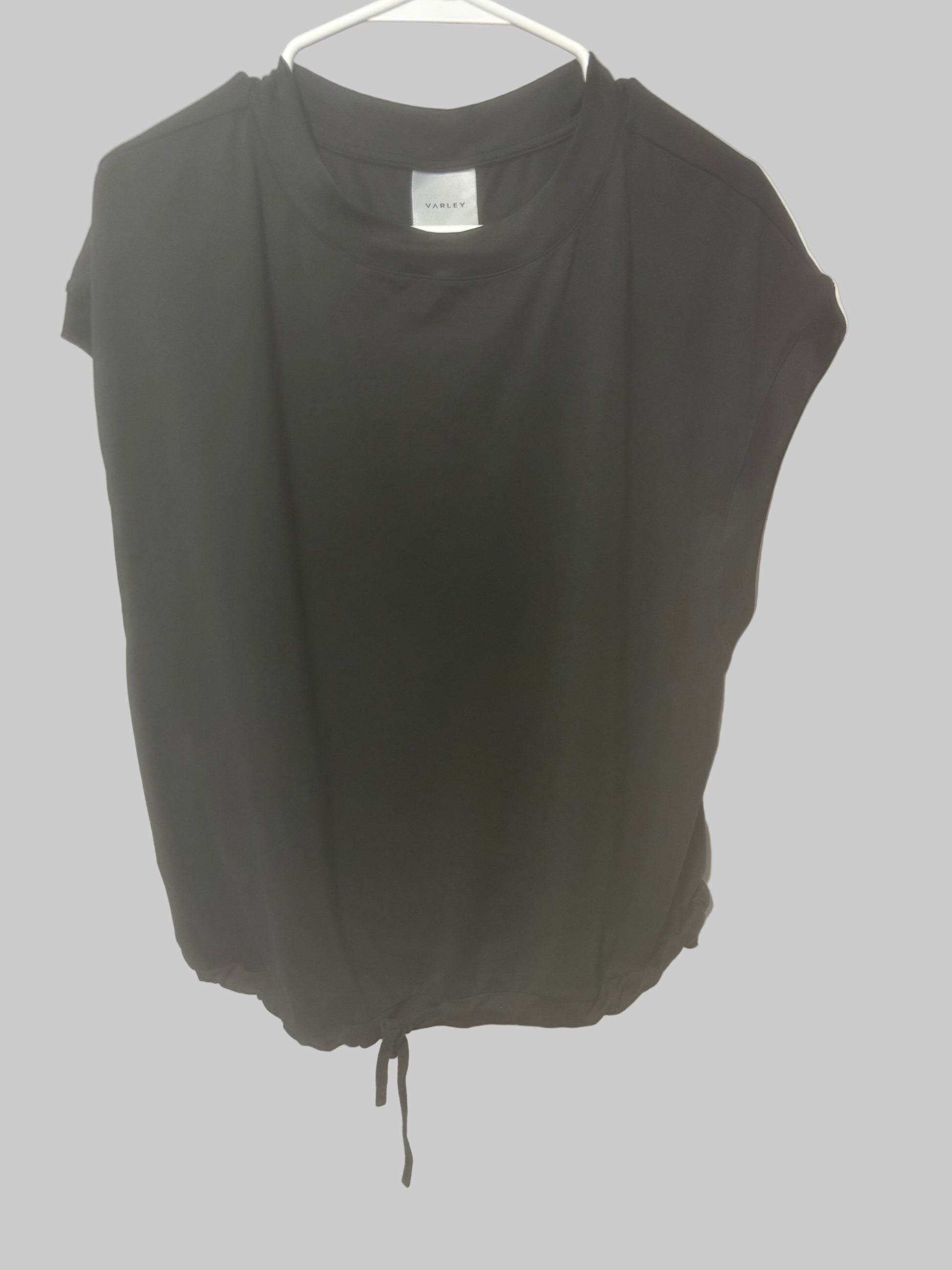 Varley - Black Cinch-Hem Muscle T-Shirt - hanging - front view - very black - Excellent condition, like new.
