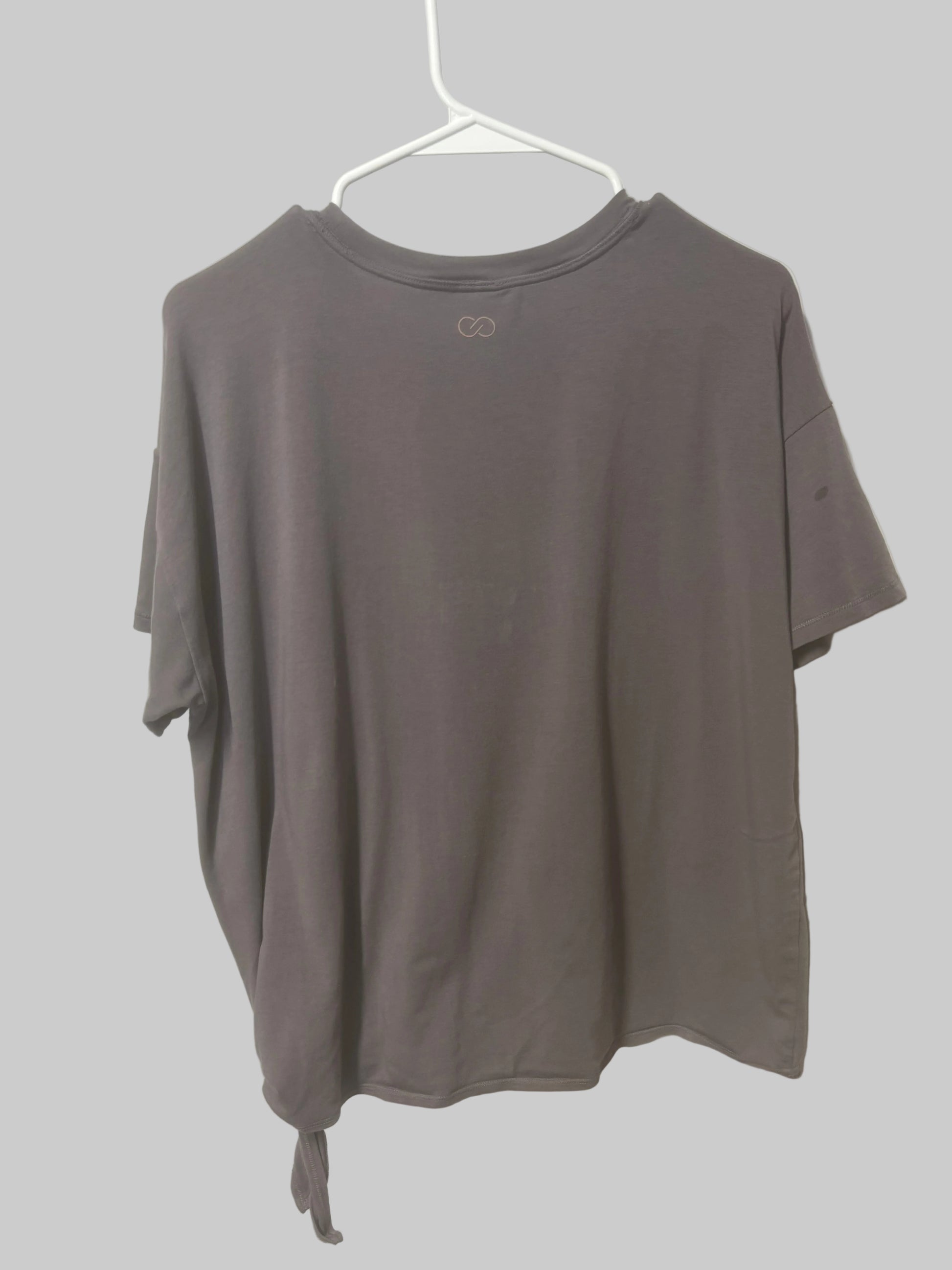 Calia purple grey hip tie athletic t-shirt front view - size small premium activewear