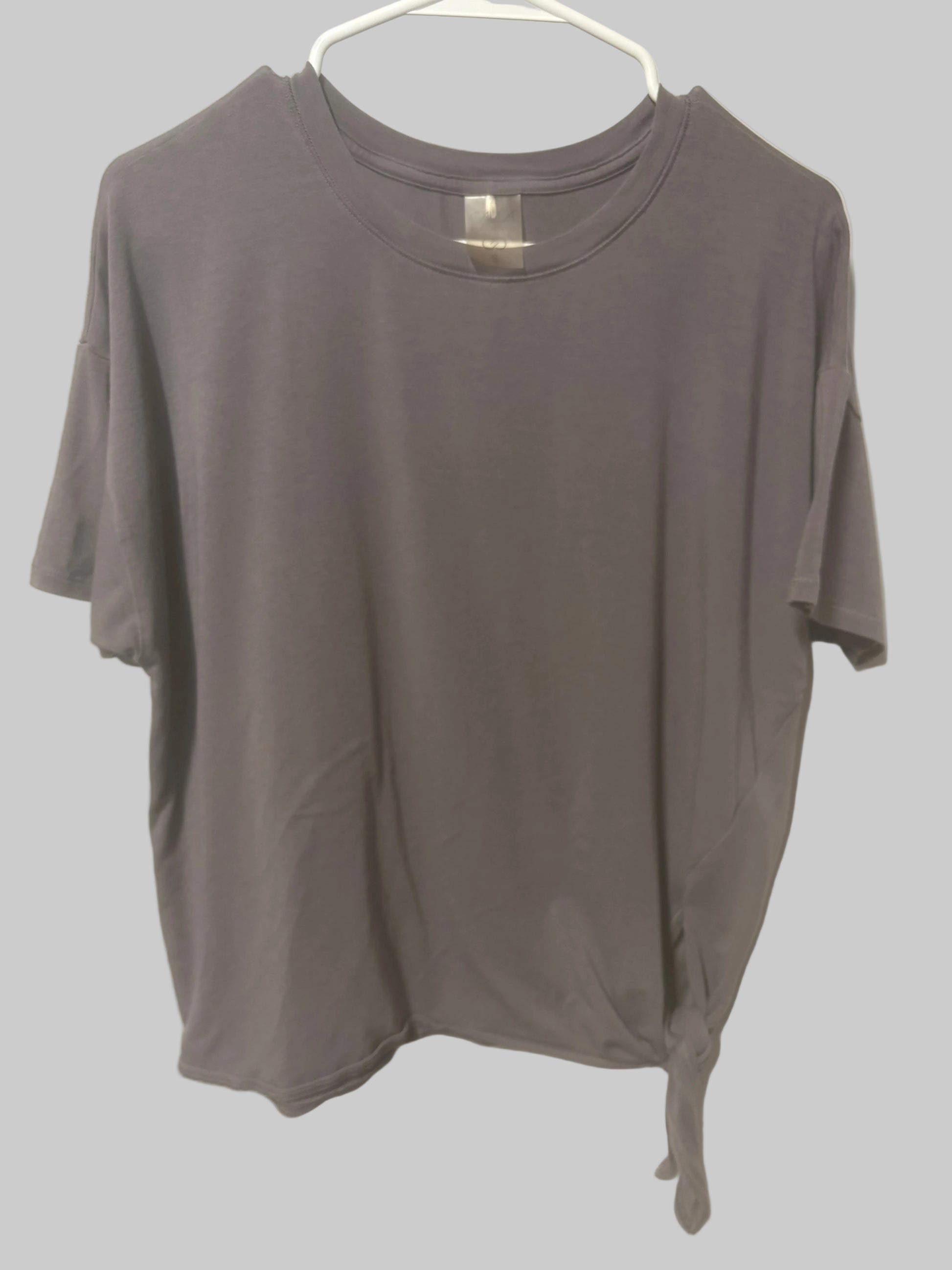 Calia purple grey hip tie athletic t-shirt front view - size small premium activewear