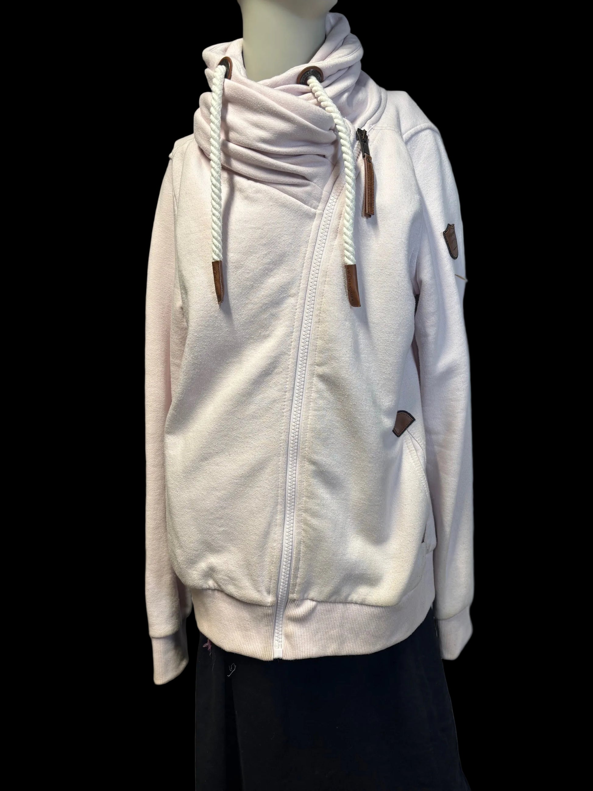 Wanakome - Powder Pink Asymmetrical Zip Jacket.  Pleated neck, rope and leather tie.