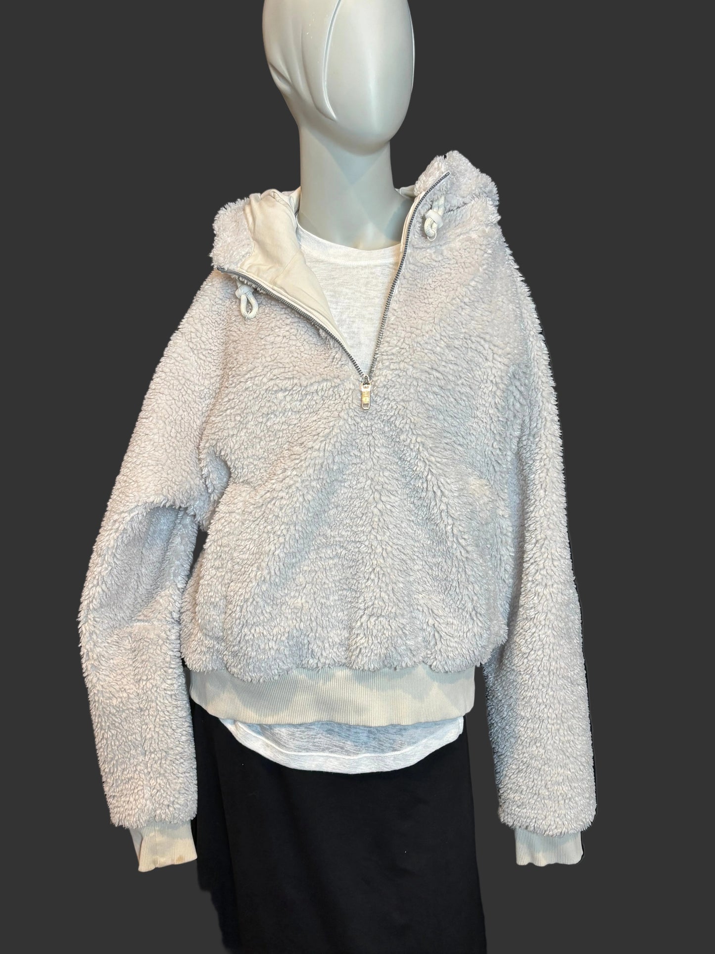 lululemon - Plush Sherpa 1/2 Zip Pullover Hoodie - Size 10 - Ivory - Front view, big pockets, cinch tie.