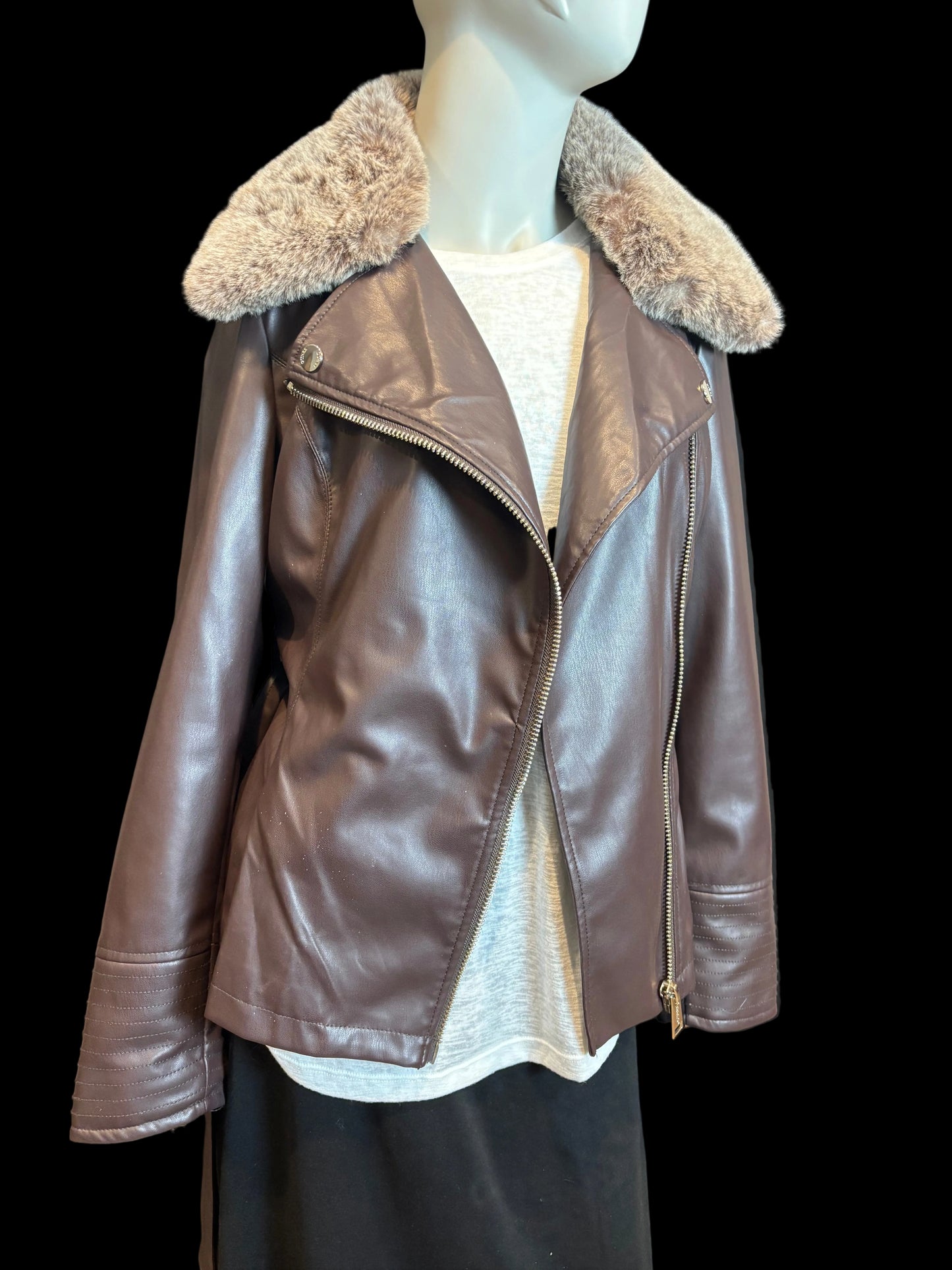 Guess - Chocolate Brown Faux Fur & Leather Moto Jacket - Size S - unzipped front view - shimmery