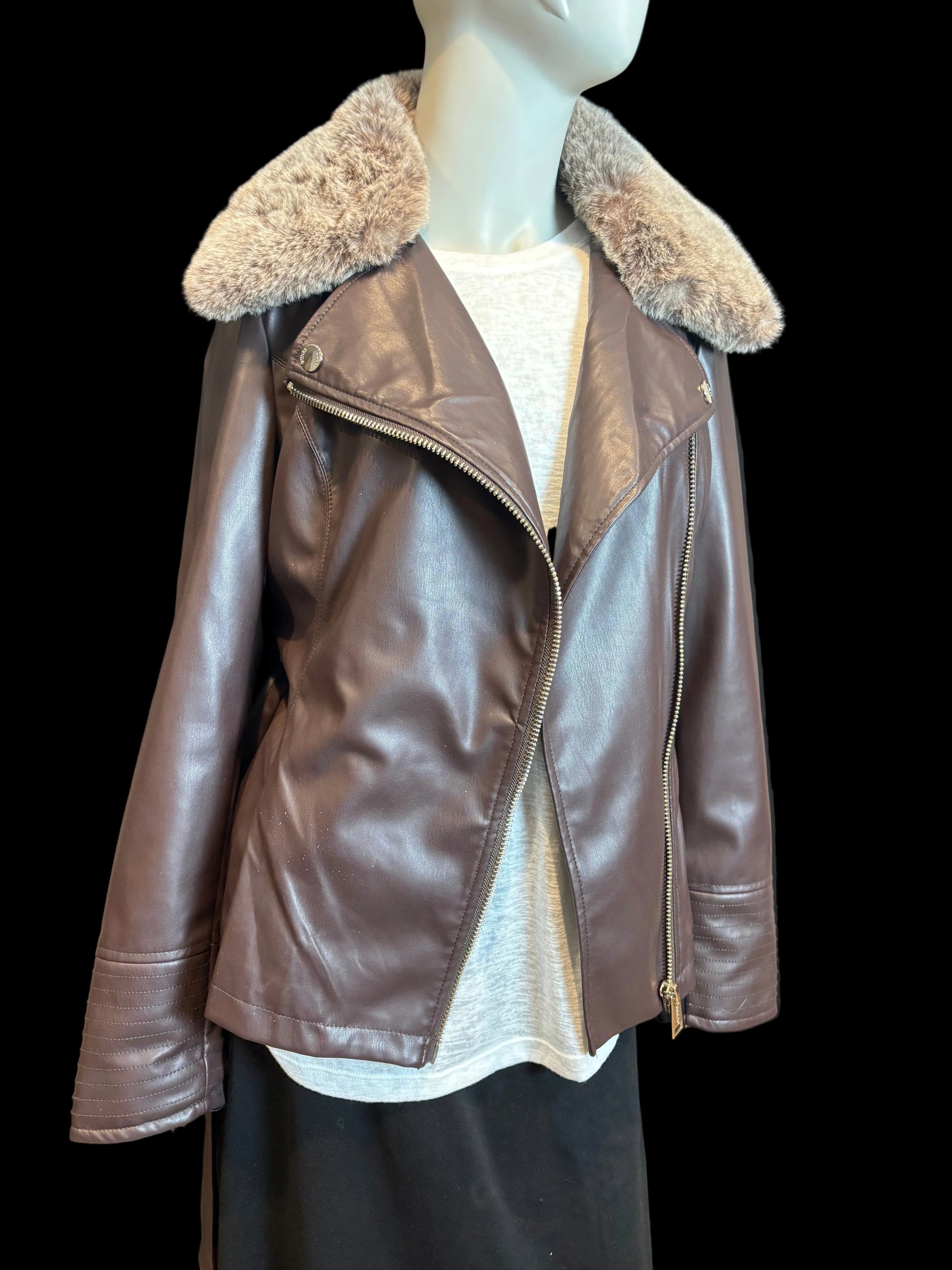Guess - Chocolate Brown Faux Fur & Leather Moto Jacket - Size S - unzipped front view - shimmery