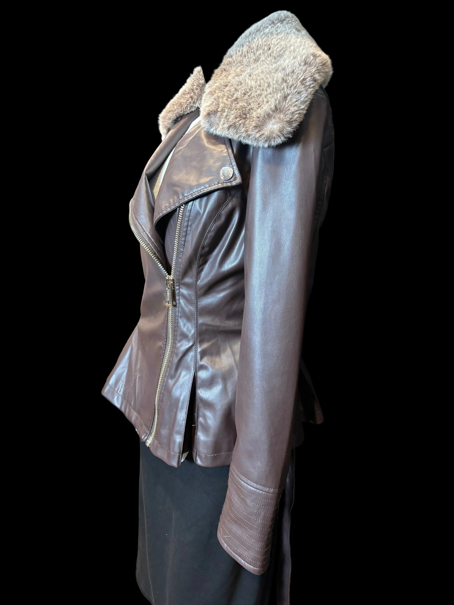 Guess - Chocolate Brown Faux Fur & Leather Moto Jacket - Size S - Side View - quilted Sleeves - moto style
