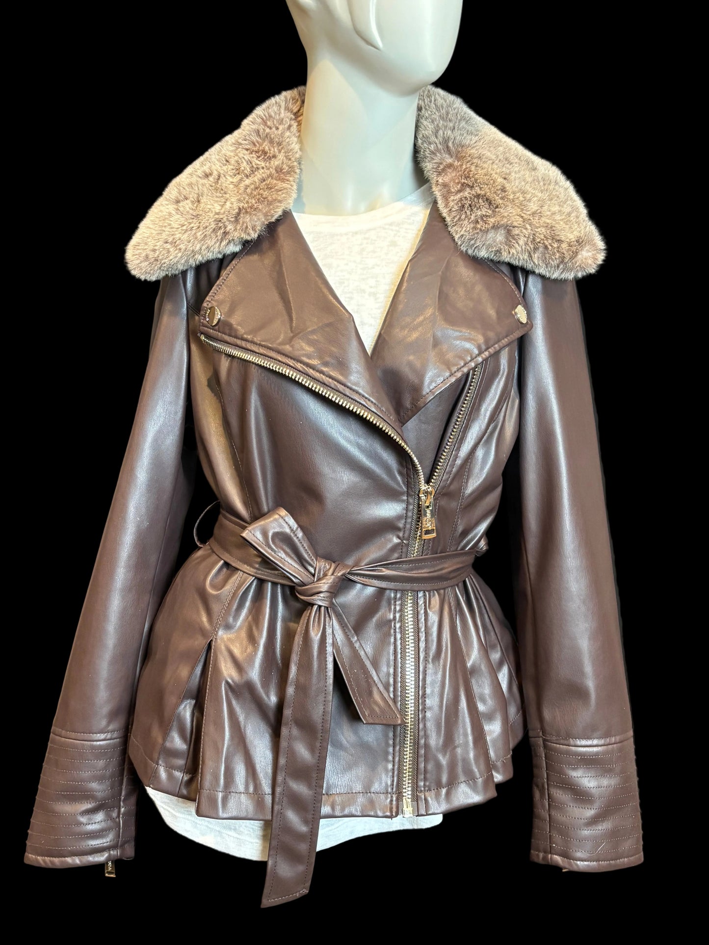 Guess - Chocolate Brown Faux Fur & Leather Moto Jacket - Size S - Tie Waist - moto style - faux fur collar