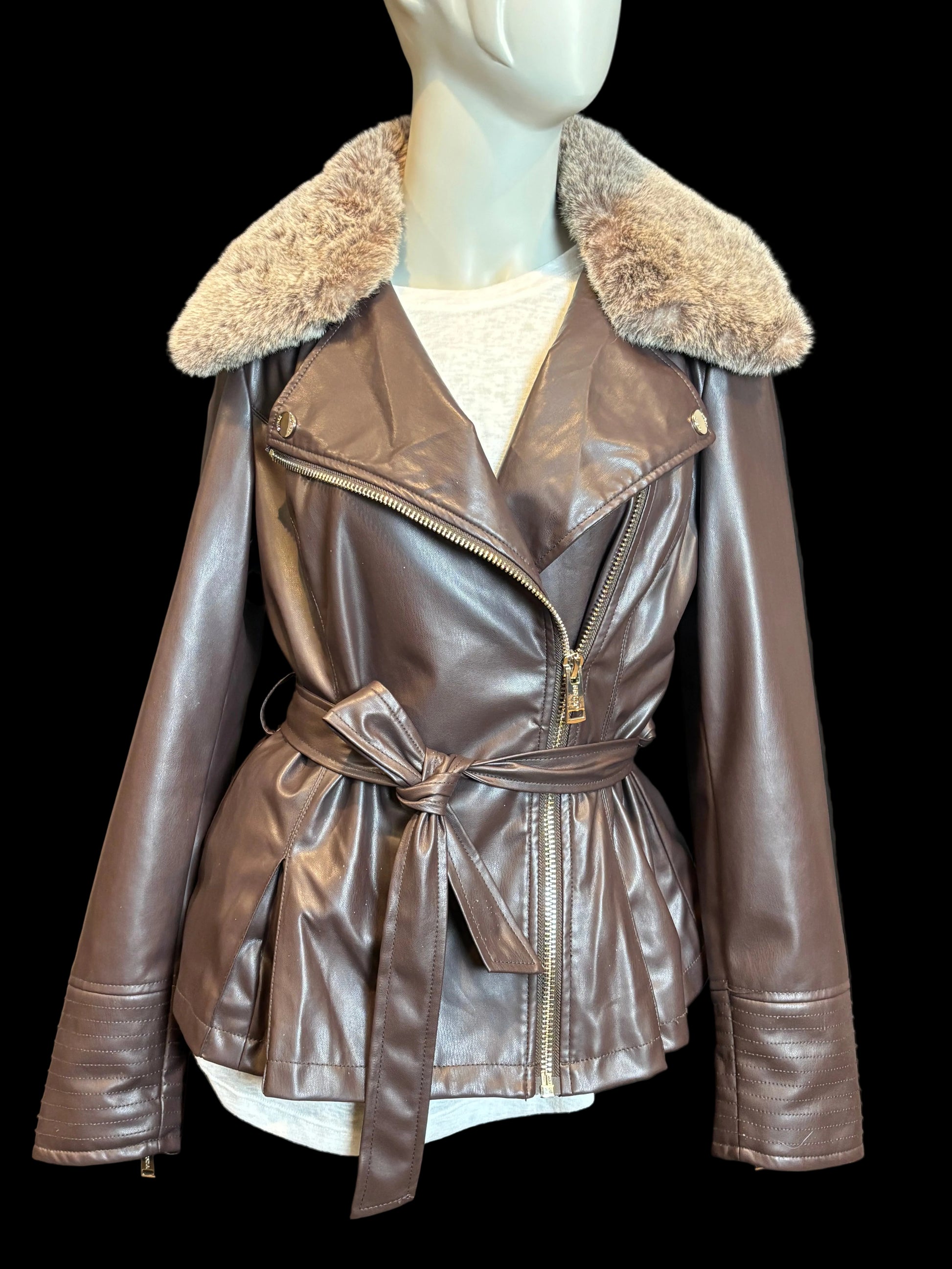 Guess - Chocolate Brown Faux Fur & Leather Moto Jacket - Size S - Tie Waist - moto style - faux fur collar