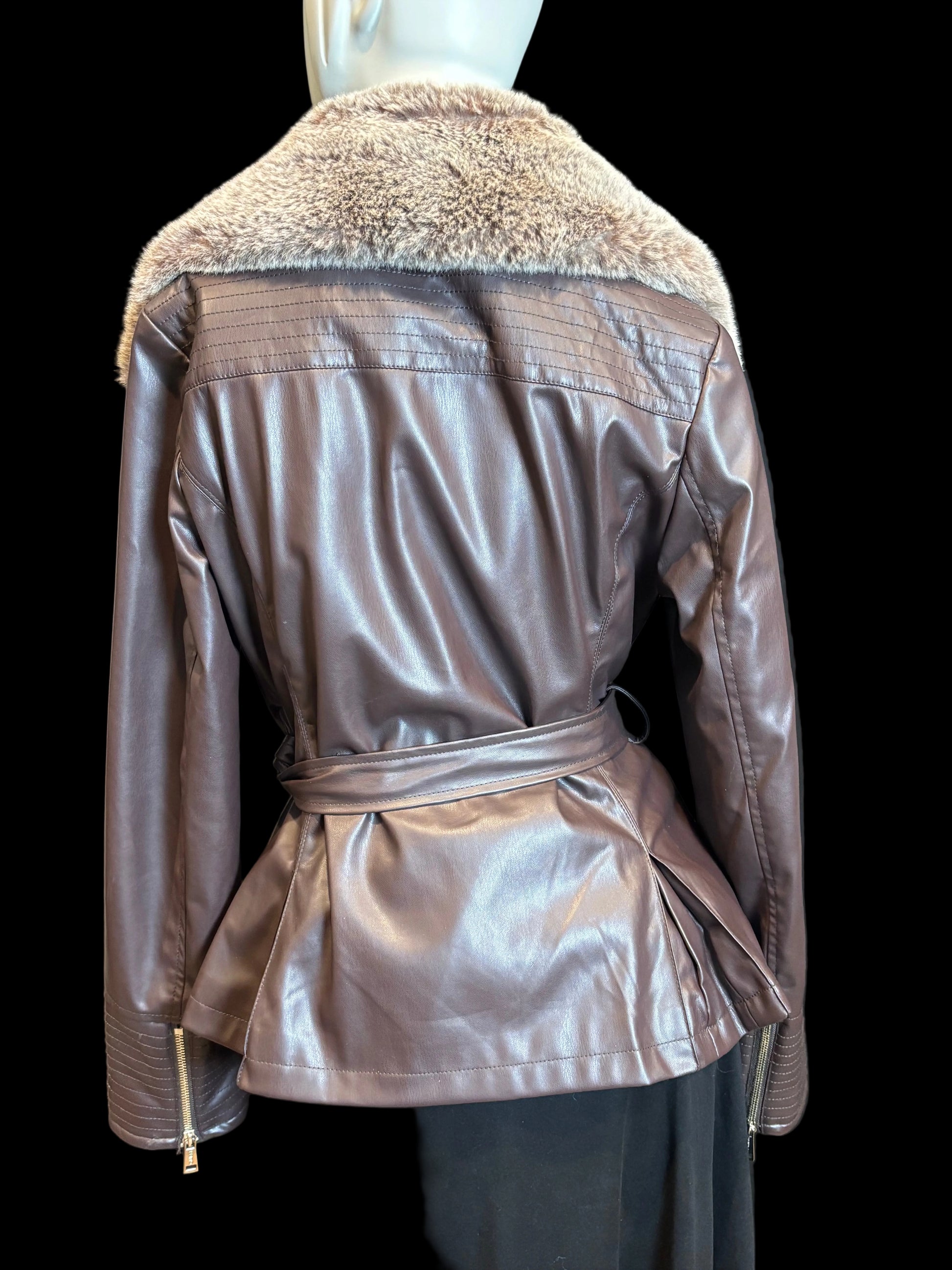 Guess - Chocolate Brown Faux Fur & Leather Moto Jacket - Size S - Rear view - Zipper sleeves - shaping w/ pleats
