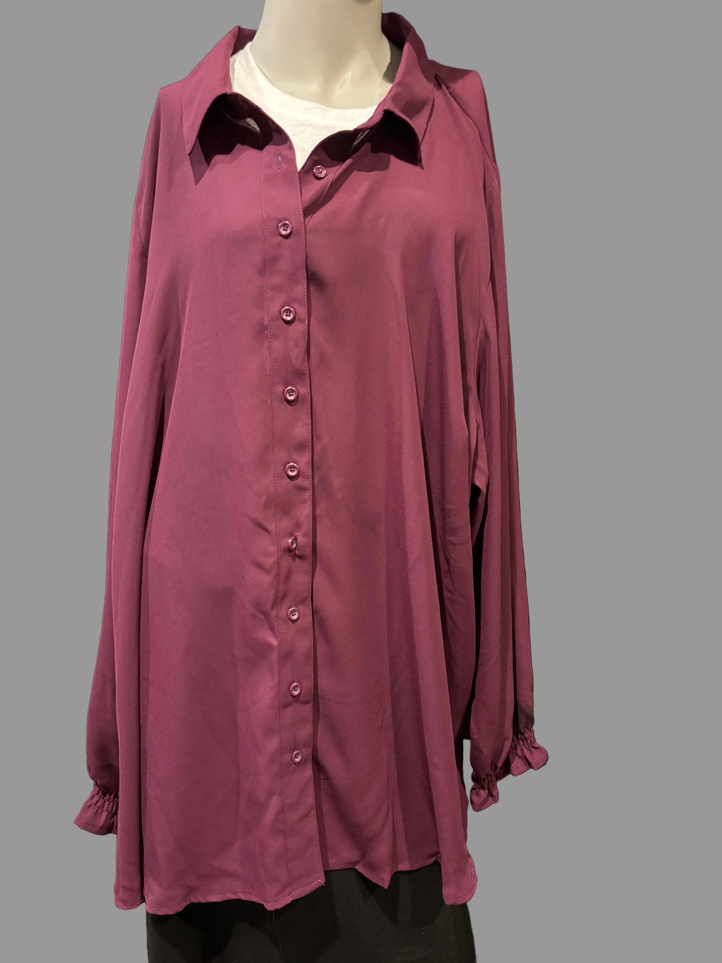 Lane Bryant - Maroon Button-Up Shirt with Ruffle Cuffs - Size 26/28 P front view - Royal Maroon Full coverage.