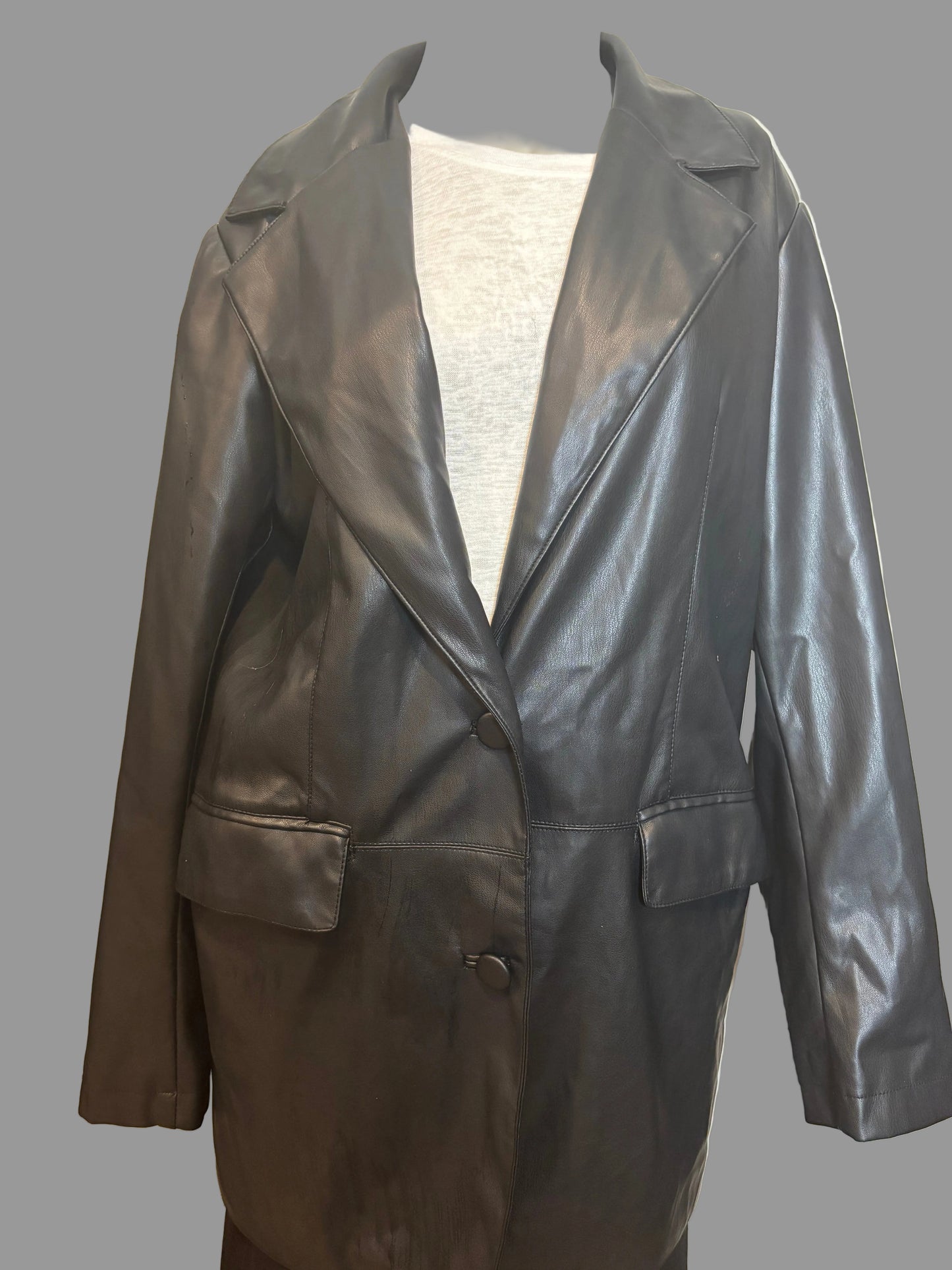 H&M - Black Faux Leather Single Breasted Jacket - Size M - front view - 2 buttons buttoned up.