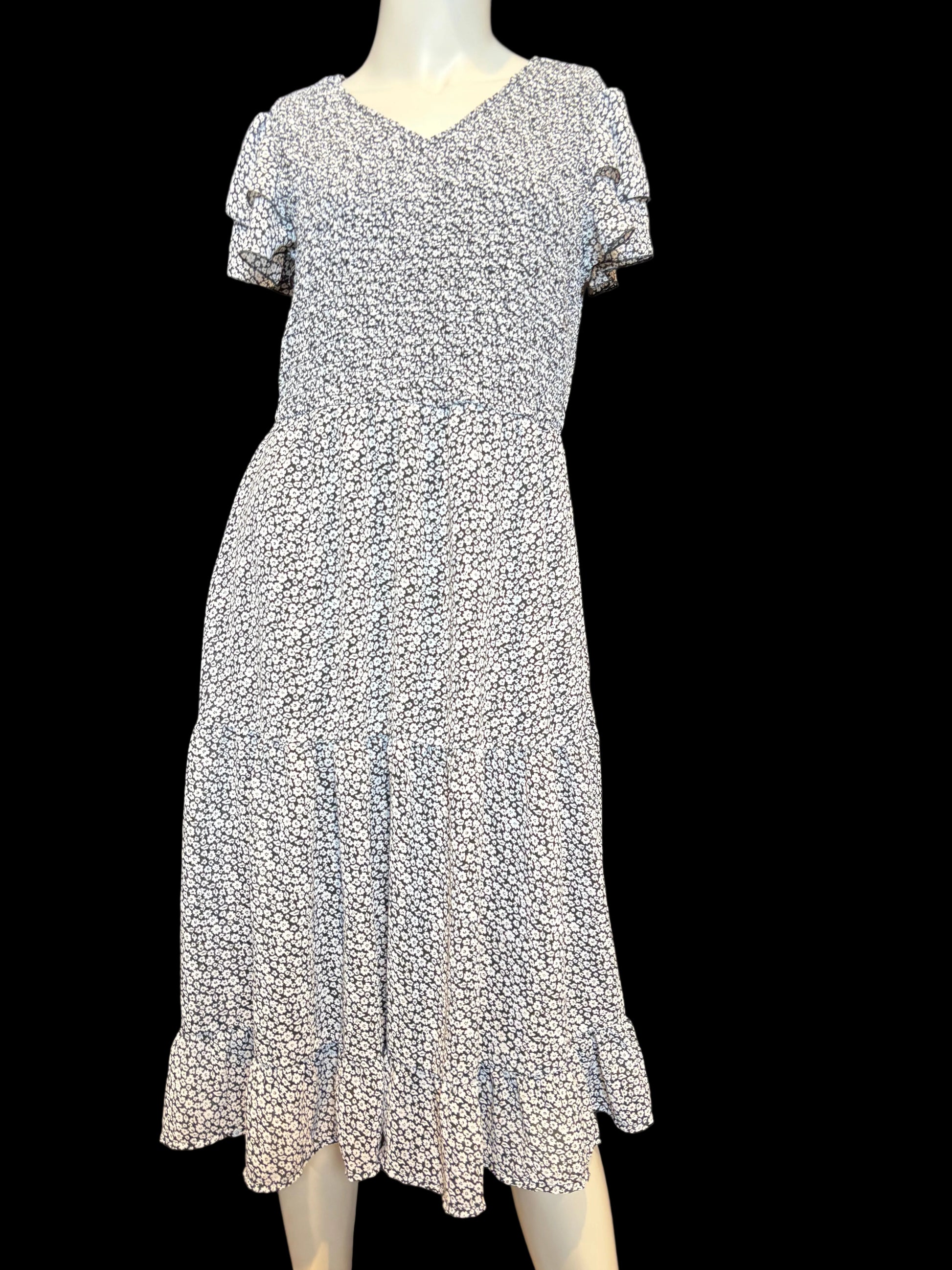 Orange Creek L.A. - Black & Light Blue Floral Midi Dress - Size L - Front view - Fluttery Sleeves - feminine