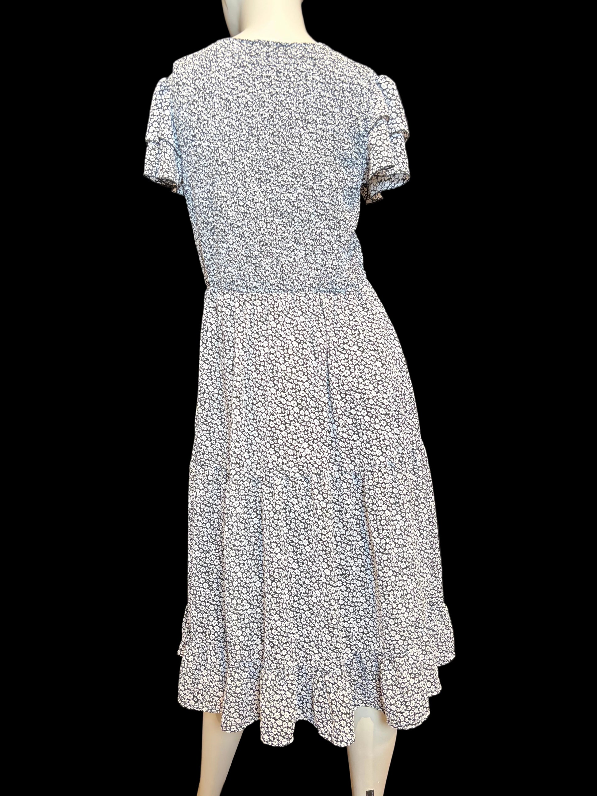 Orange Creek L.A. - Black & Light Blue Floral Midi Dress - Size L - Back view - Fluttery.