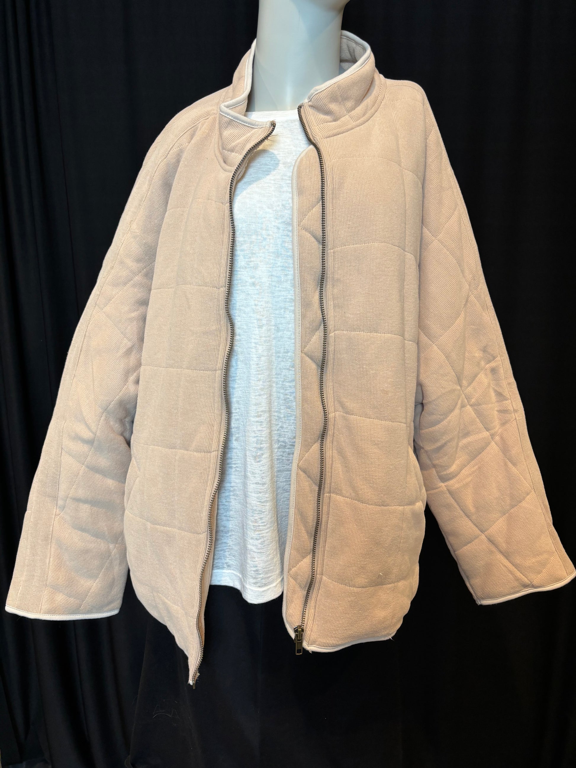 Unbranded - Tan Quilted Coat - Size XL - front view with zipper unzipped.  mid glutes level.