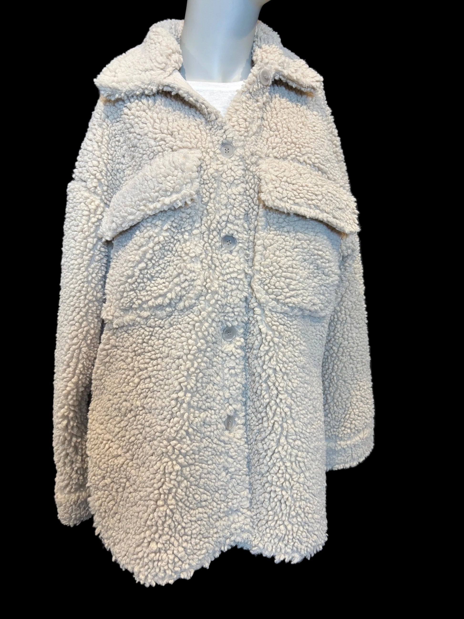 H&M - Cream Sherpa Jacket - Size XS - front view, button closure - chest pockets