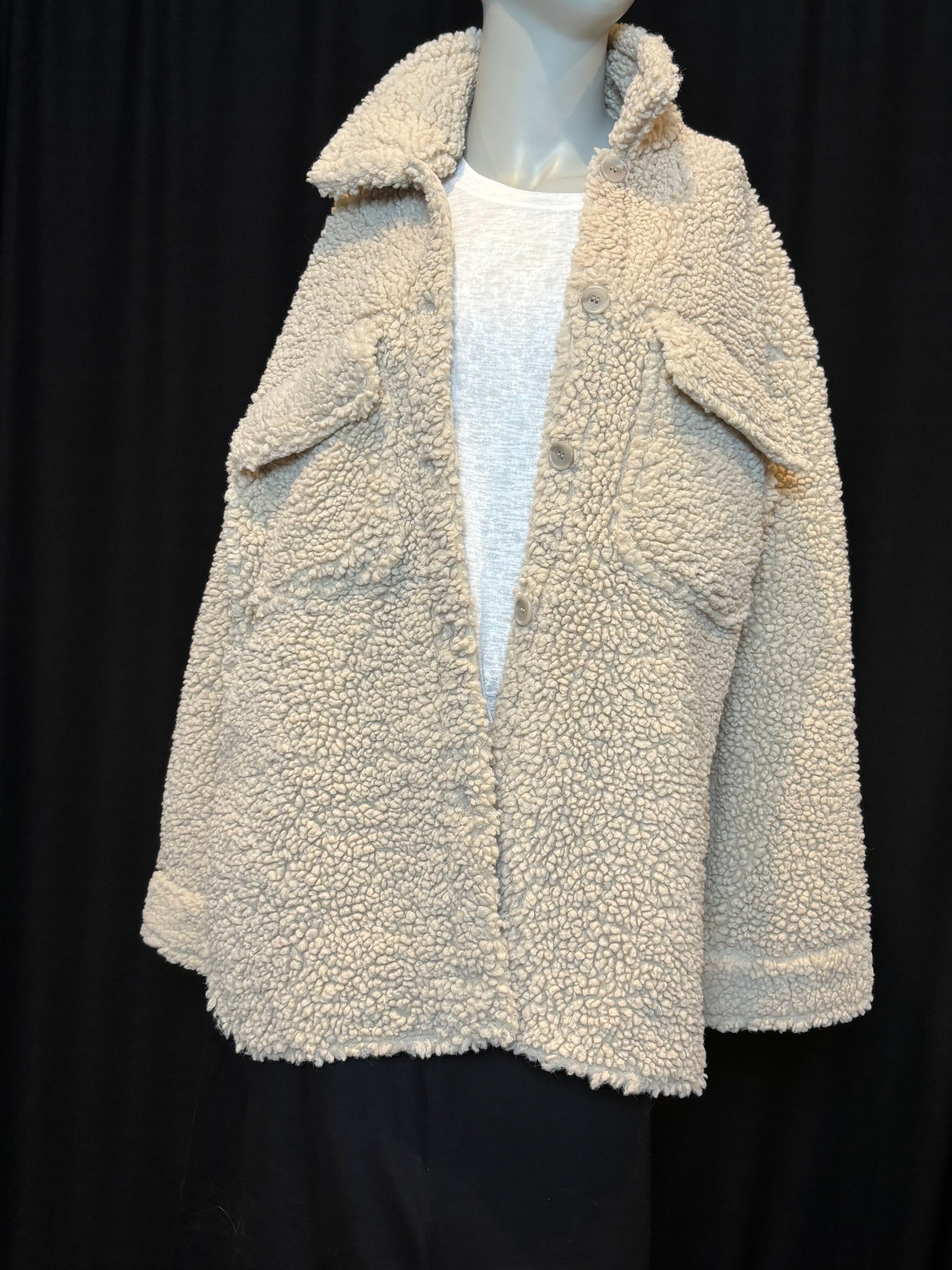 H&M - Cream Sherpa Jacket - Size XS - Front View unbuttoned, collar up for warmth