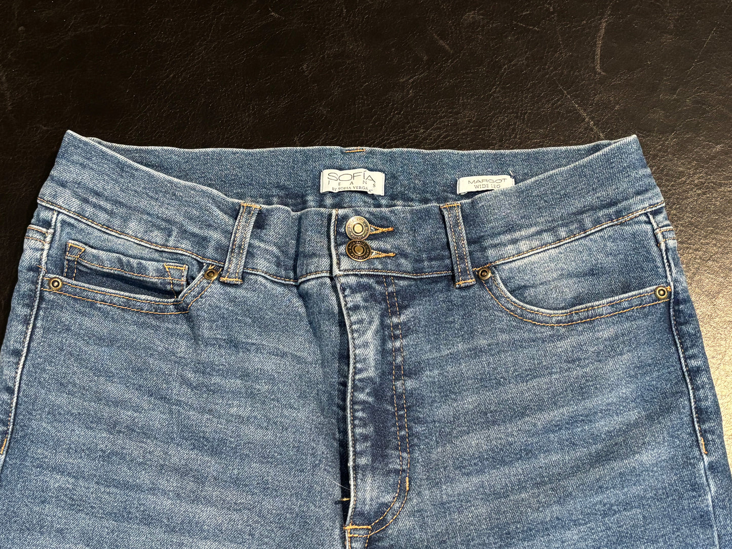 Sophia Jeans - Medium Blue Wide Leg Jeans - Size 12 - Double button & zipper closure - designer pocket