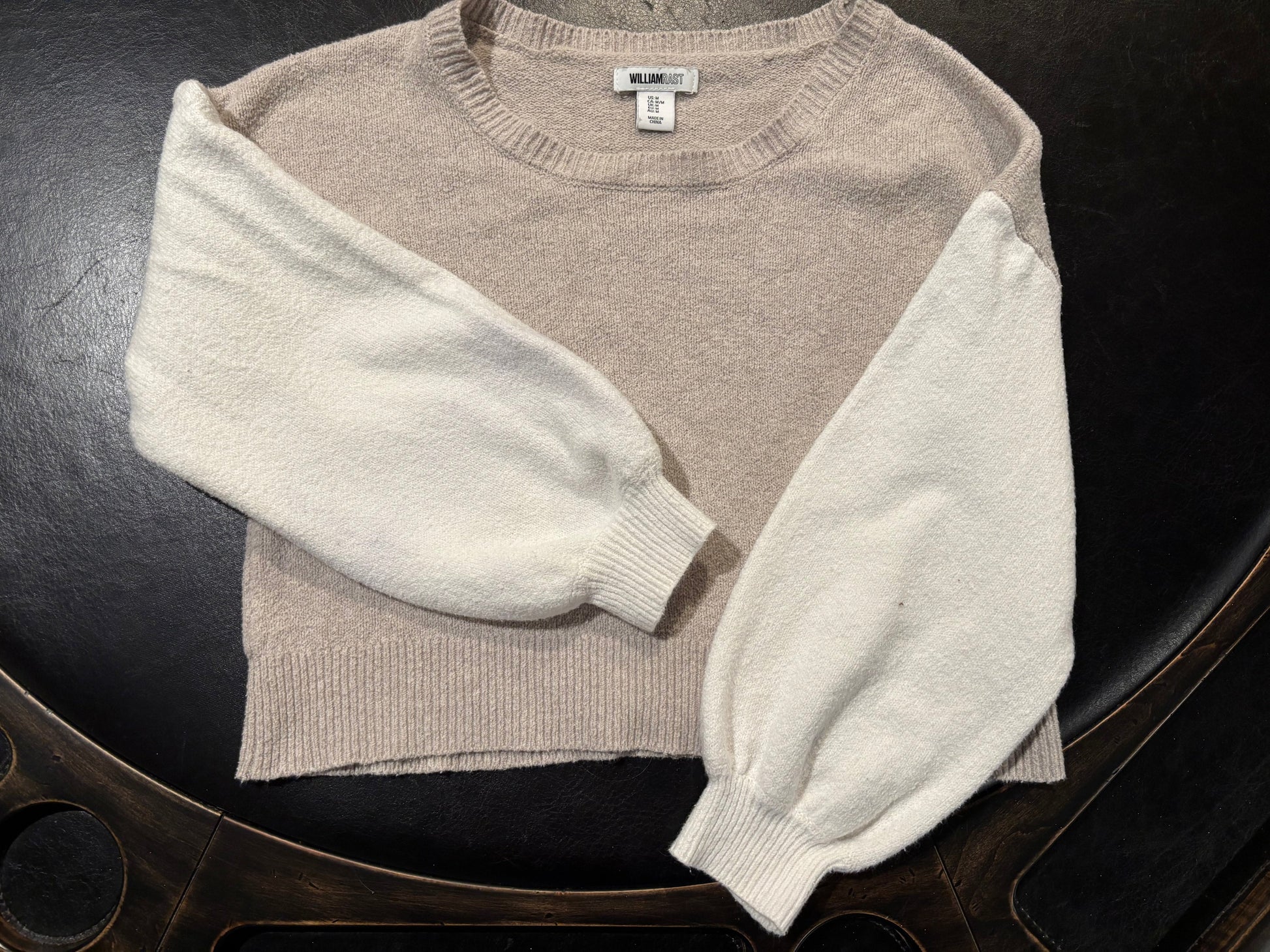 William Rast - Tan & Ivory Colorblock Short Sleeve Sweater - Size M - wide neck and low shoulder seems