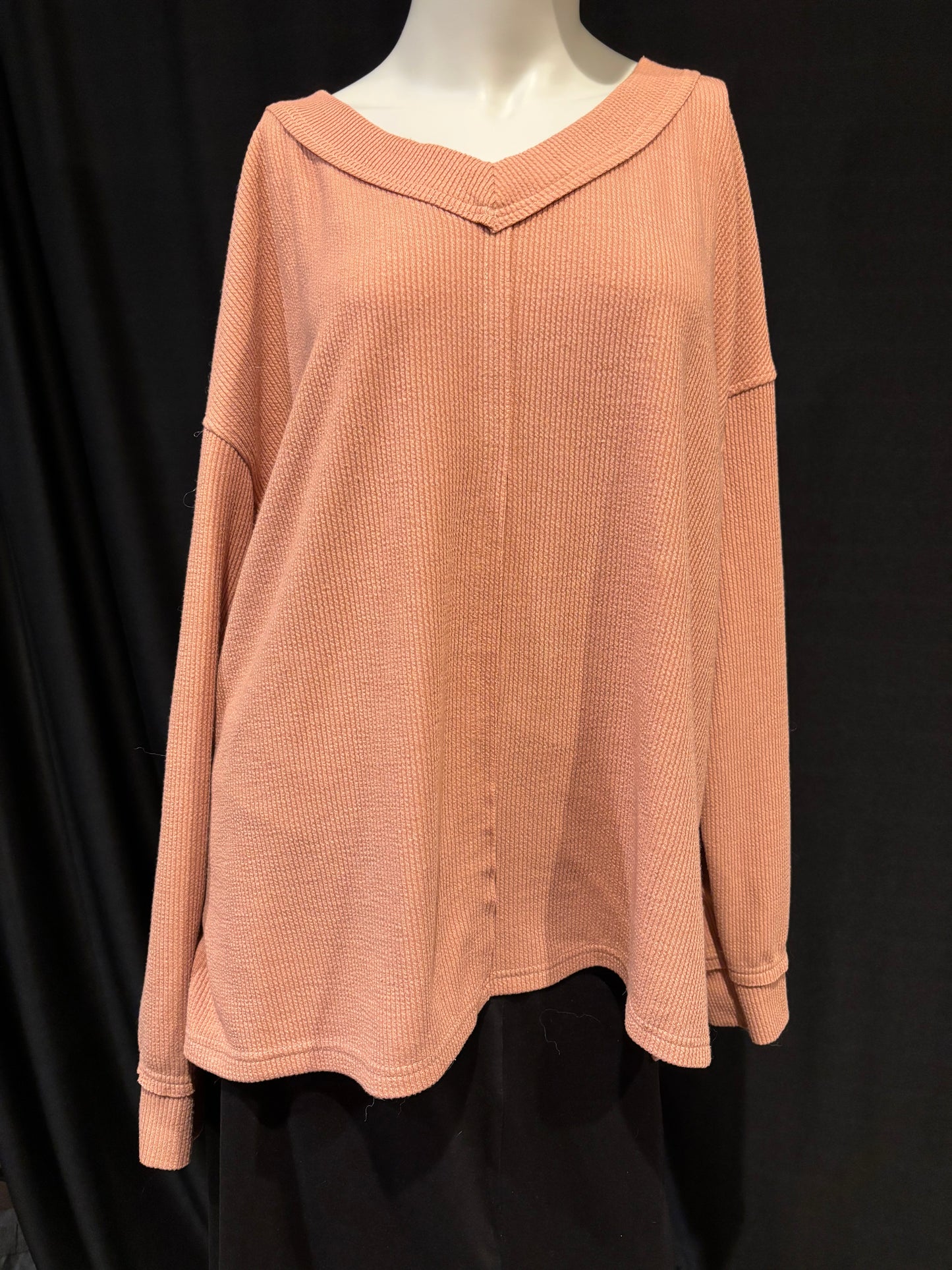 V-Neck Tunic Top Waffle Knit Coral Size L