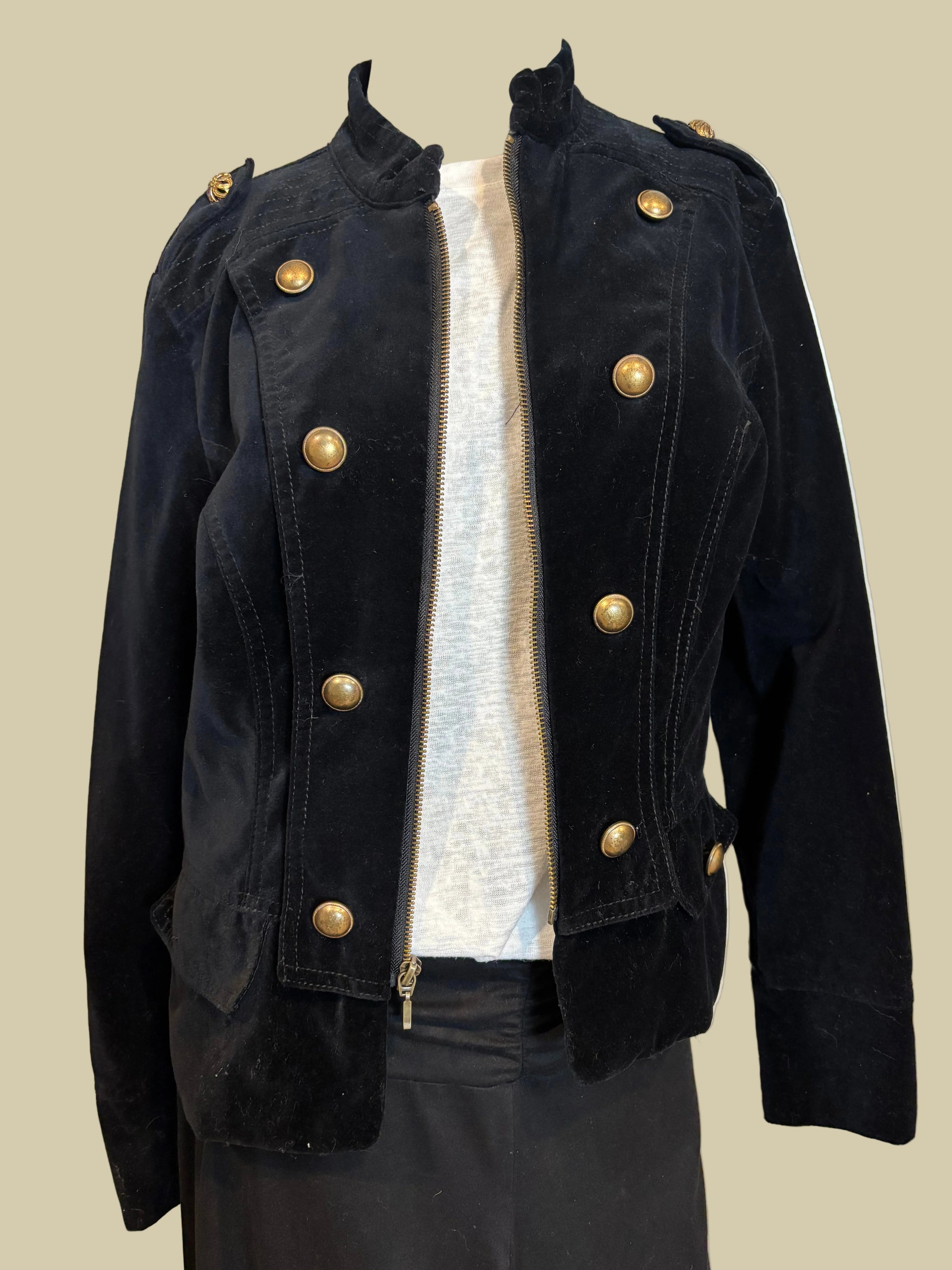 Apartment 9 - Black Velvet Military Bomber Jacket Size 8 - front view - unzipped.