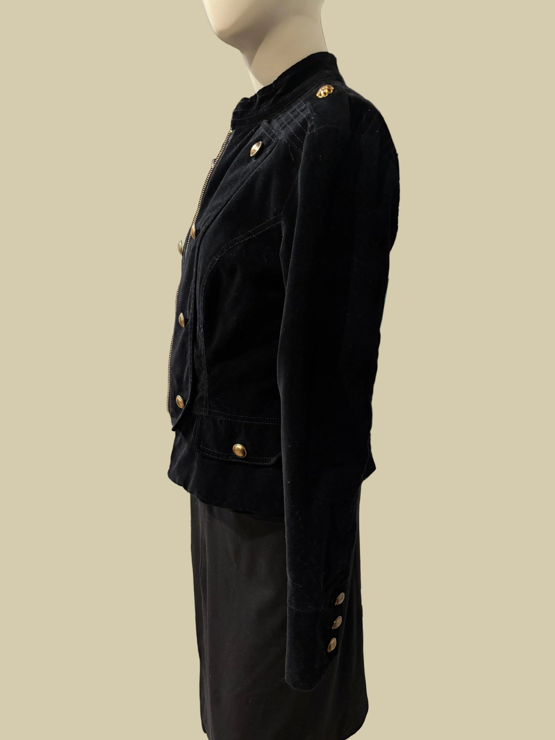 Apartment 9 - Black Velvet Military Bomber Jacket Size 8 - Side View - additional buttons on the side.