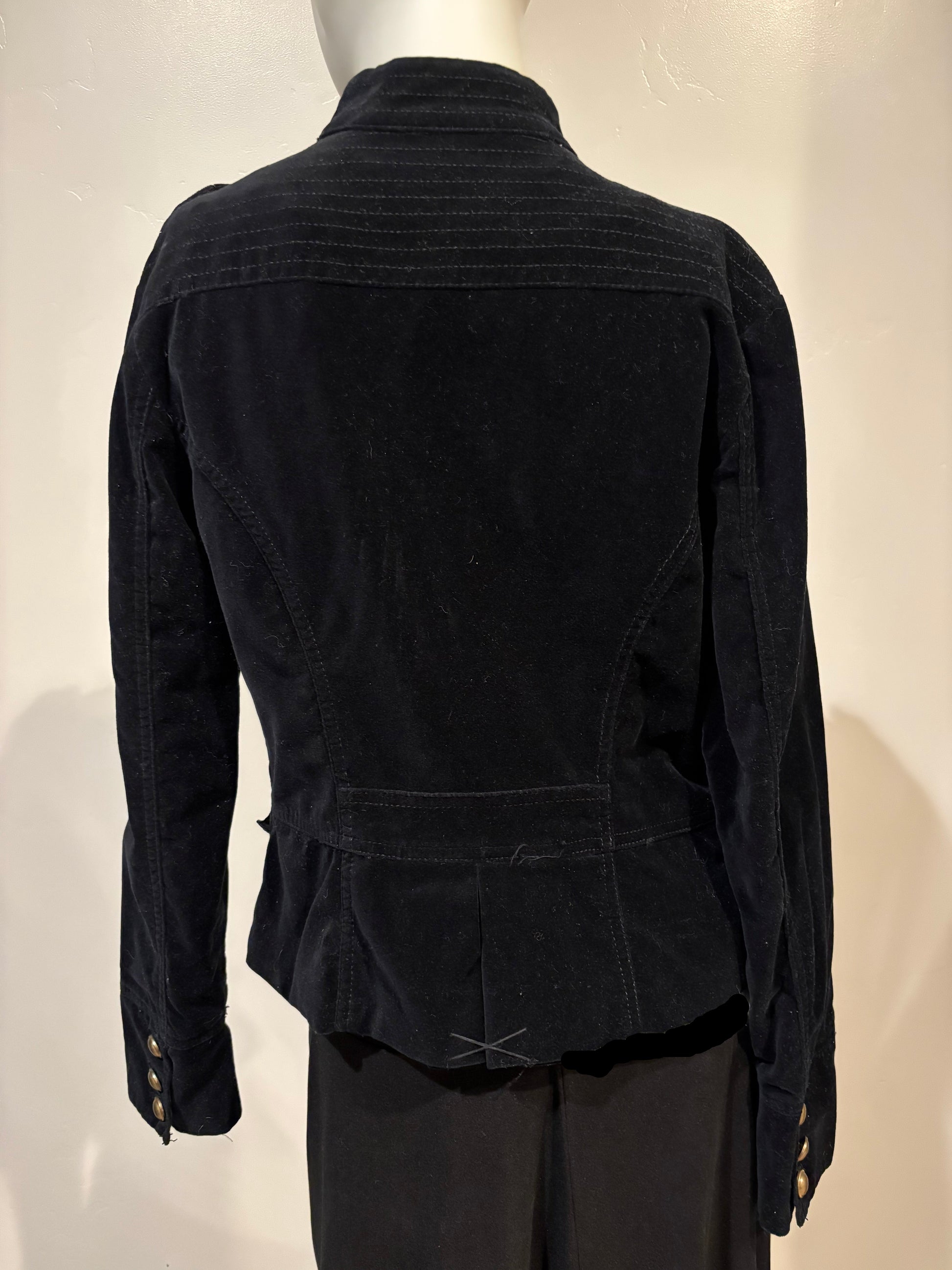 Apartment 9 - Black Velvet Military Bomber Jacket Size 8 - Vent on the back, stitching at the top.