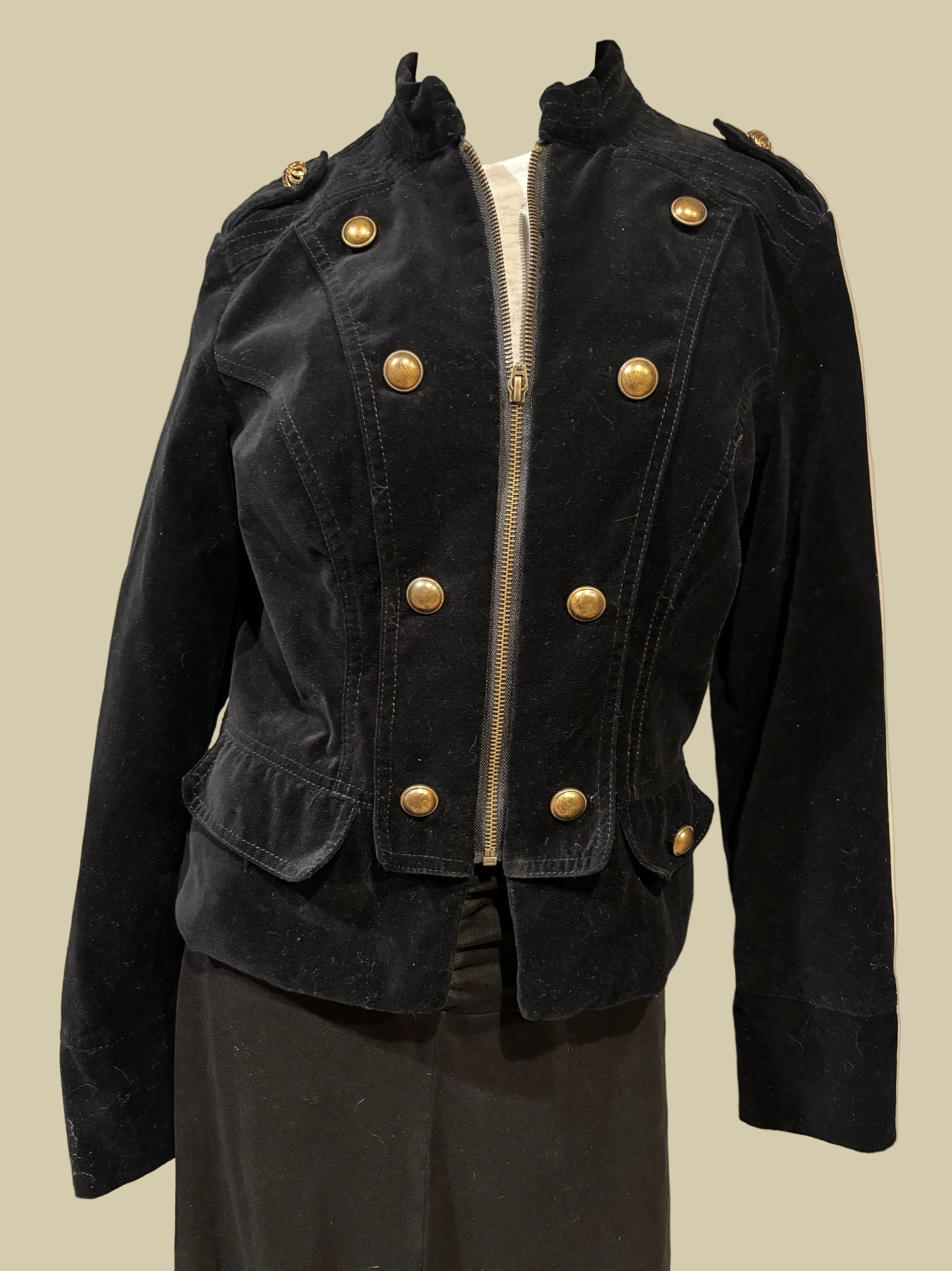 Apartment 9 - Black Velvet Military Bomber Jacket Size 8 - Front View - Ziped up, nice waist