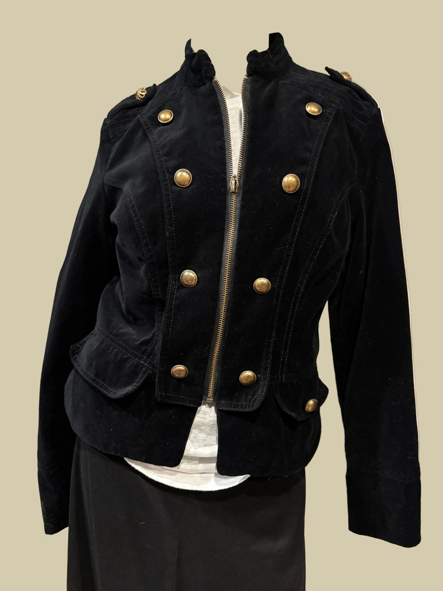 Apartment 9 - Black Velvet Military Bomber Jacket Size 8 - Front View with Shirt tail low.