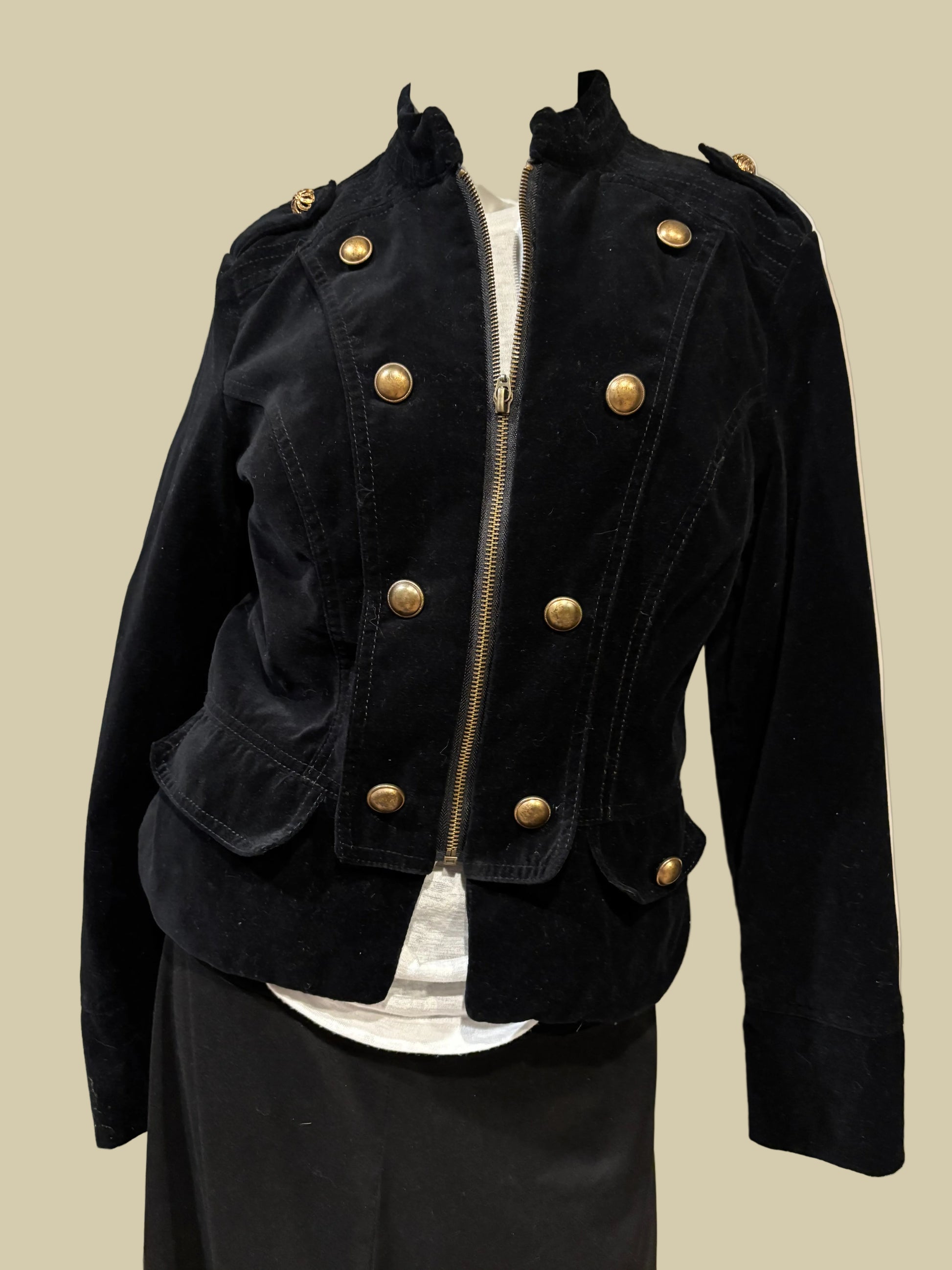 Apartment 9 - Black Velvet Military Bomber Jacket Size 8 - Front View with Shirt tail low.