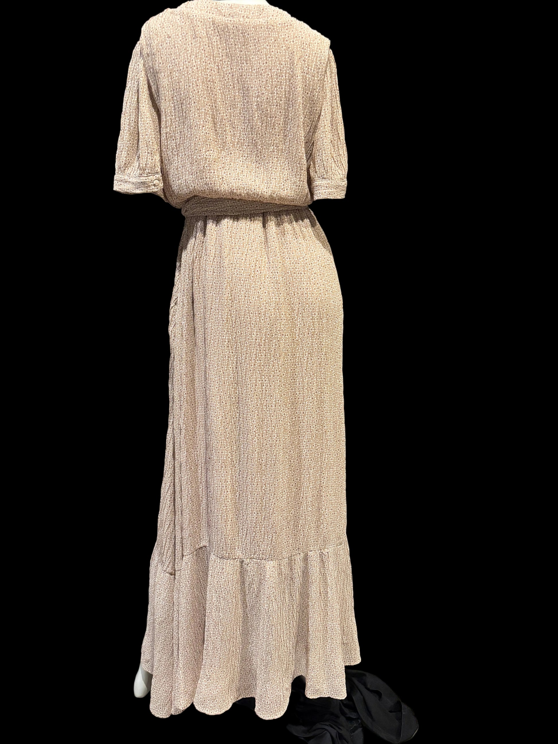 Orange Creek L.A. - Tan Floral Crinkle Chiffon Maxi Dress - Size L - Back View, drapey waist, tie belt.