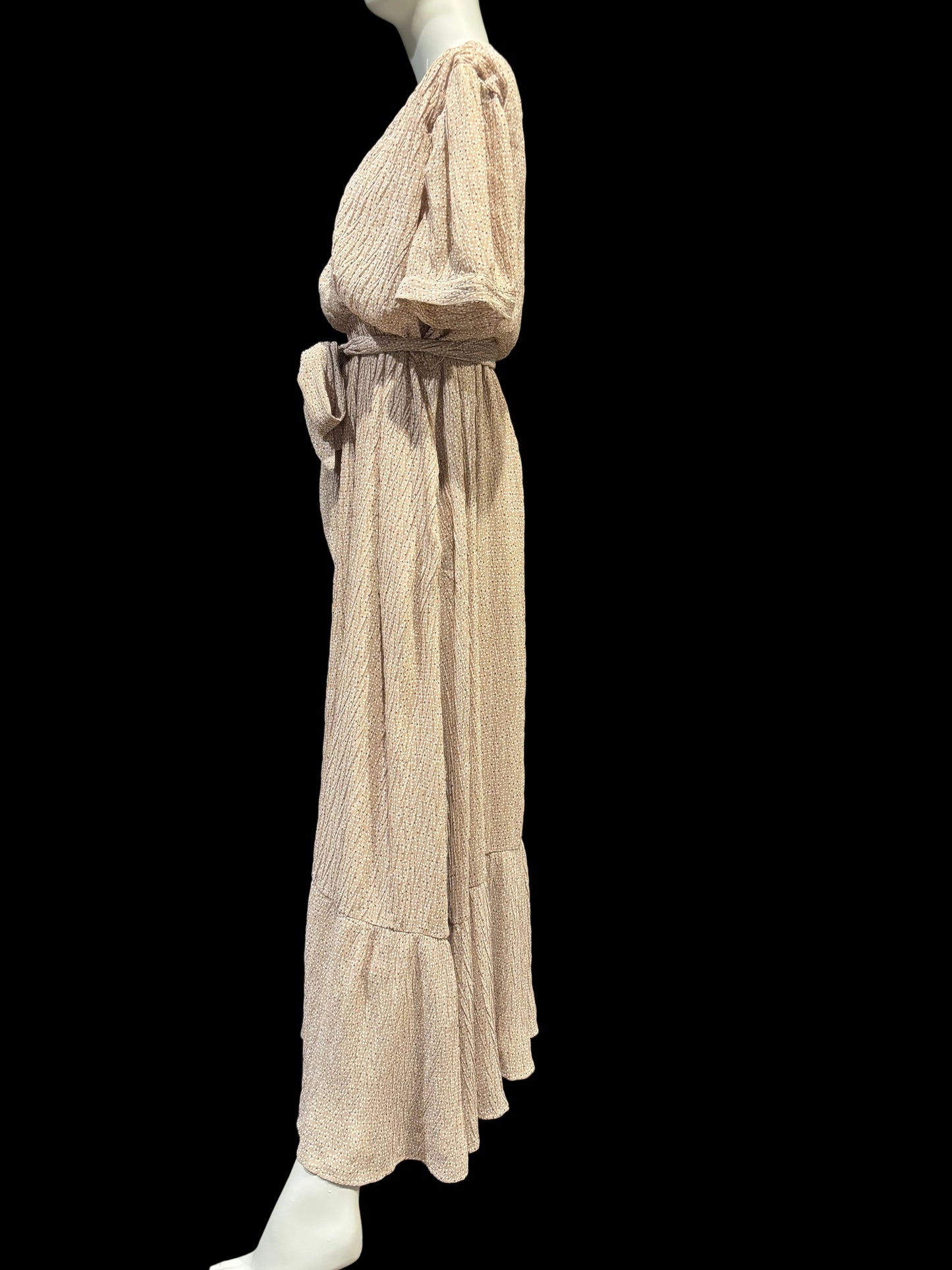 Orange Creek L.A. - Tan Floral Crinkle Chiffon Maxi Dress - Size L - Side view, short sleeve, bow tie belt